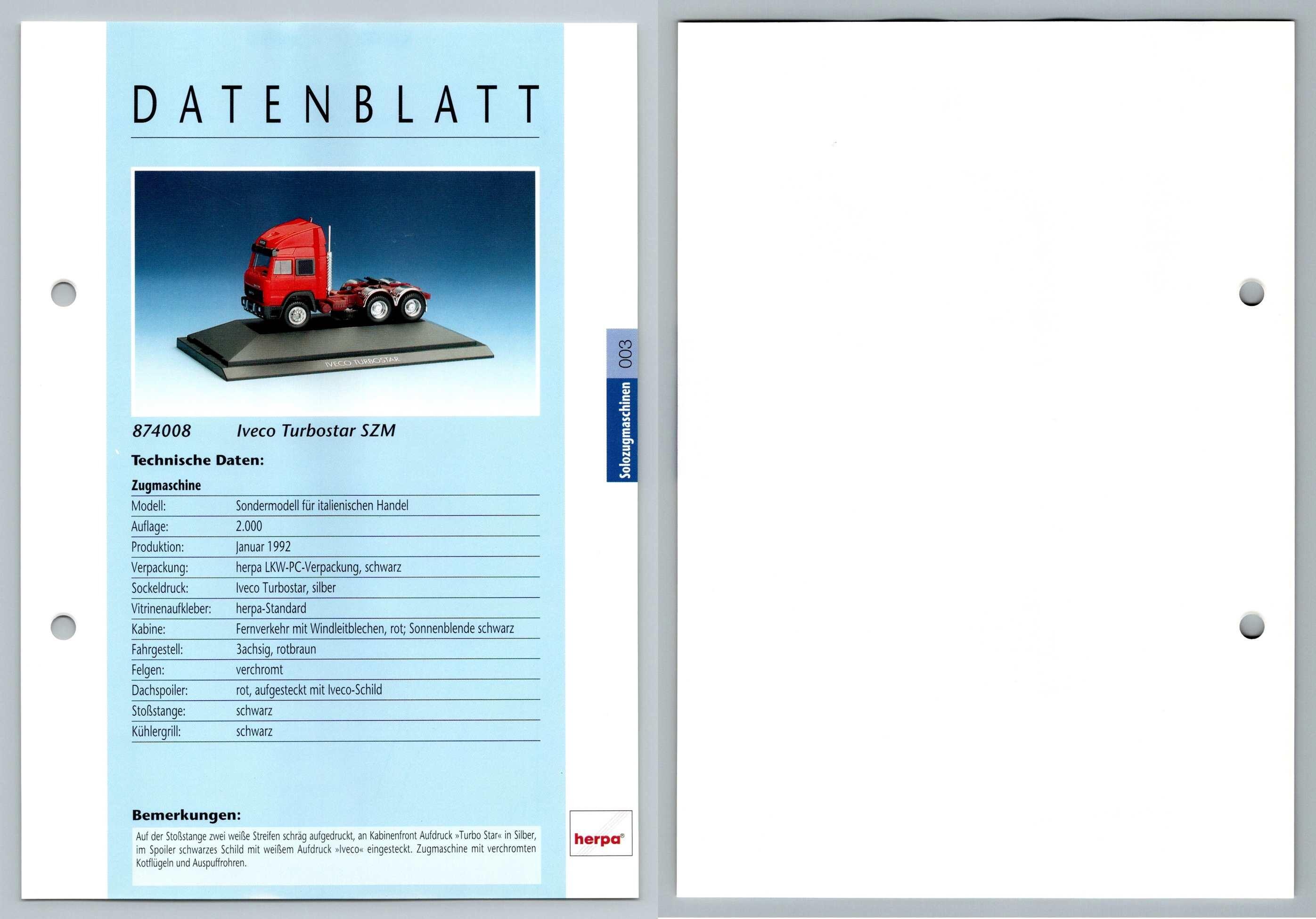 Iveco Turbostar Szm 3 Solozugmaschinen Datenblatt Herpa Data Sheet