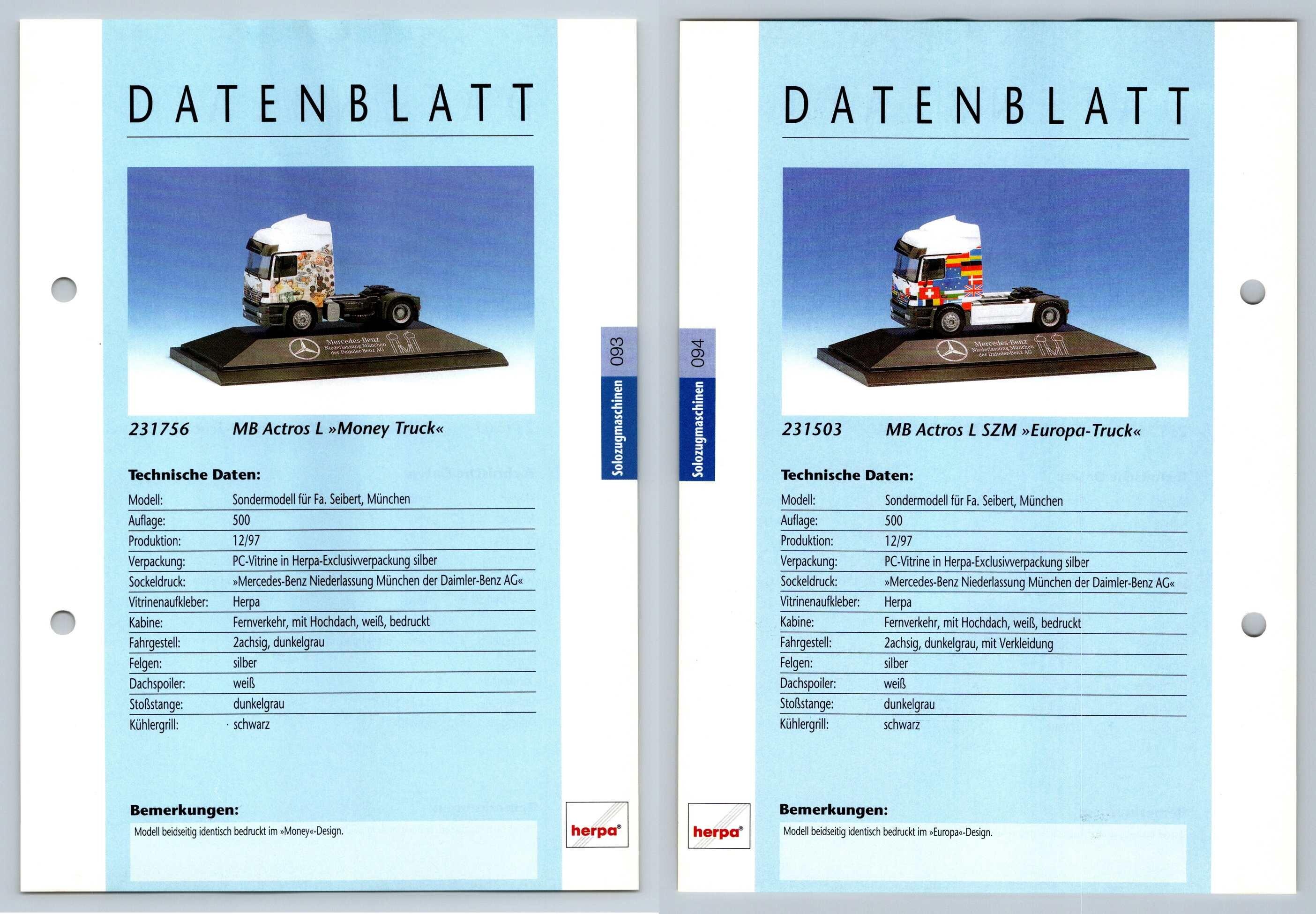 Mb Actros L L Szm 93 4 Solozugmaschinen Datenblatt Herpa Data Sheet