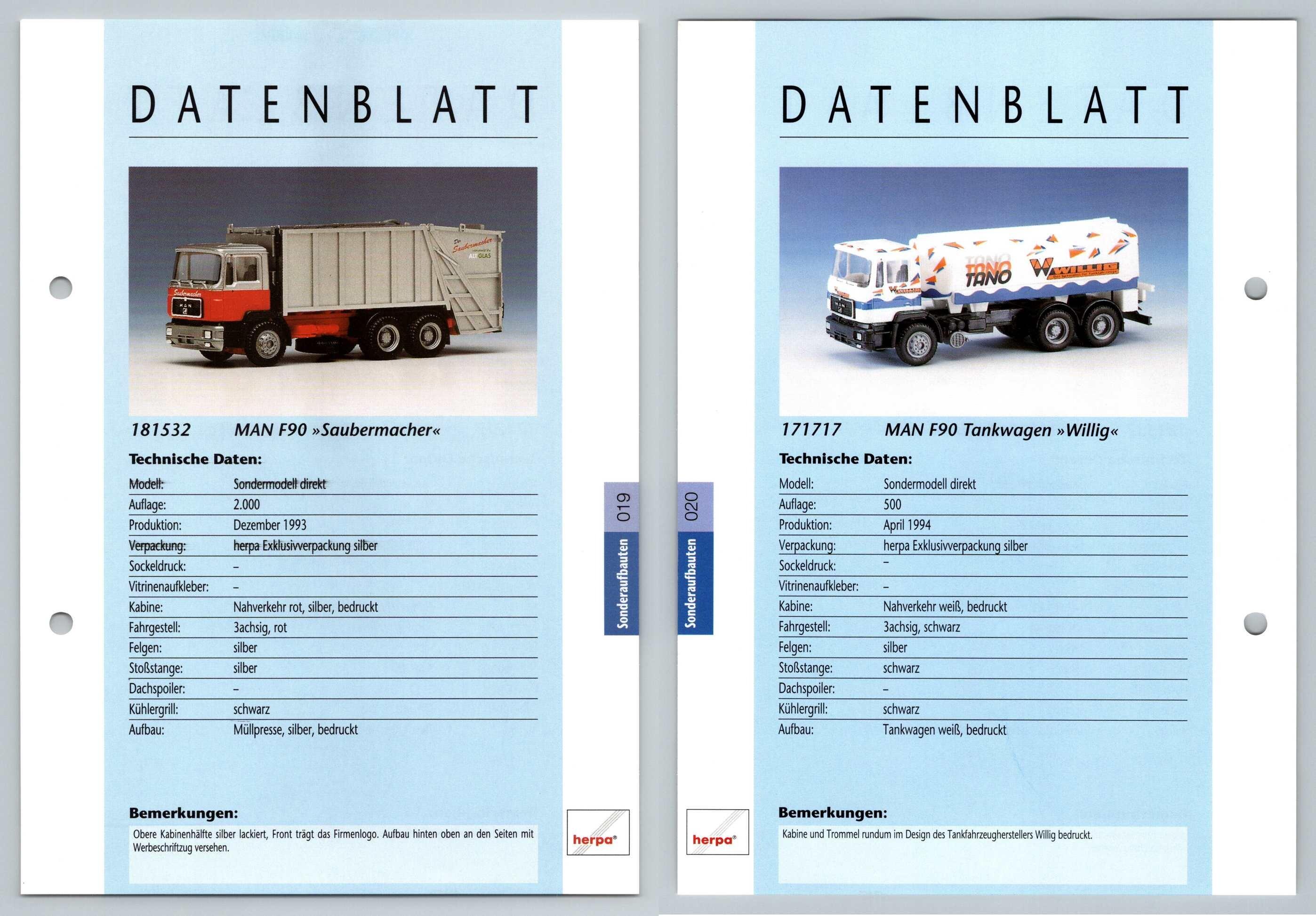 Man F90 Tankwagen 19 20 Sonderaufbauten Datenblatt Herpa Data Sheet