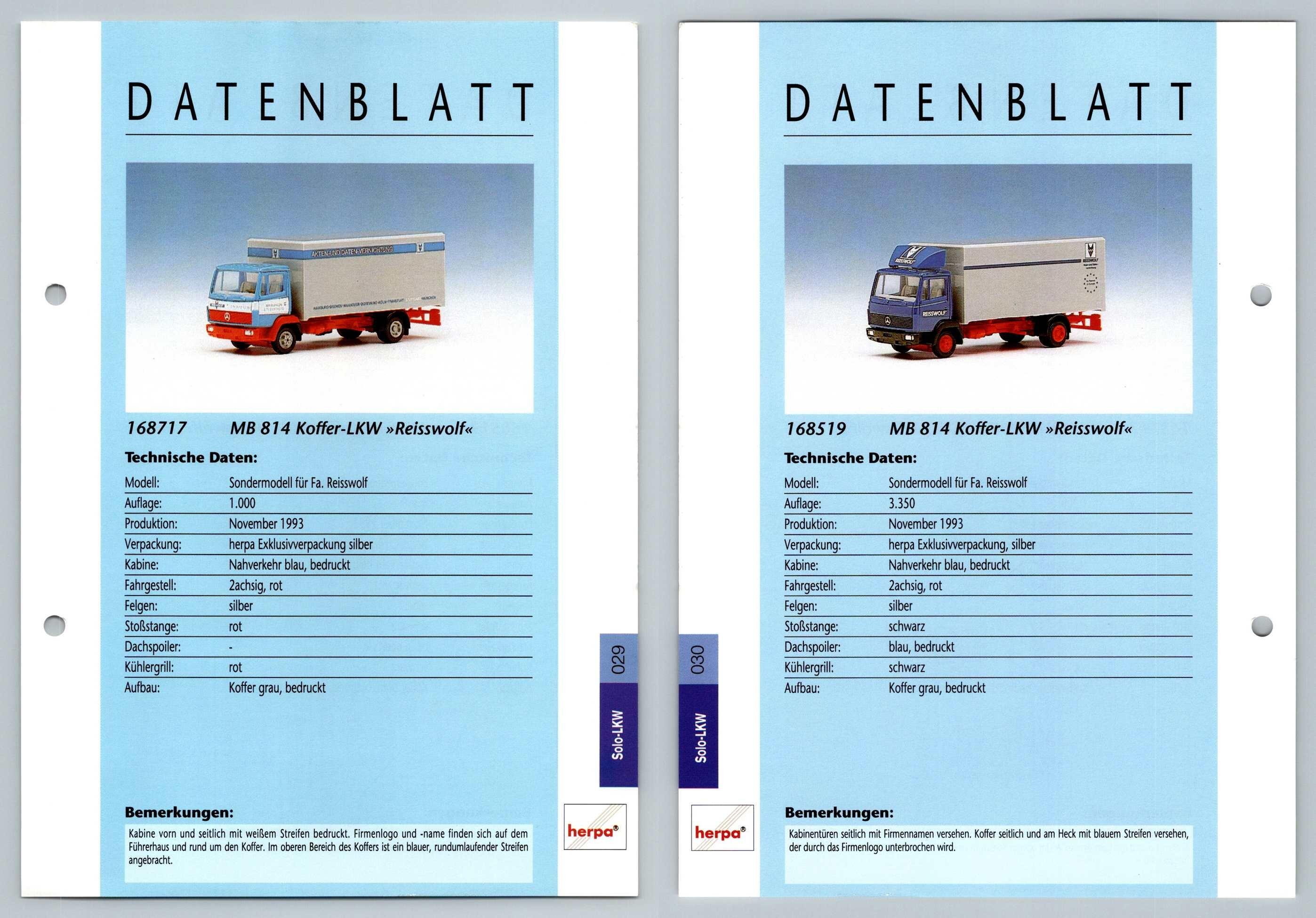 MB 814 Koffer Reisswolf #29/30 Solo-LKW Datenblatt - Herpa Data Sheet