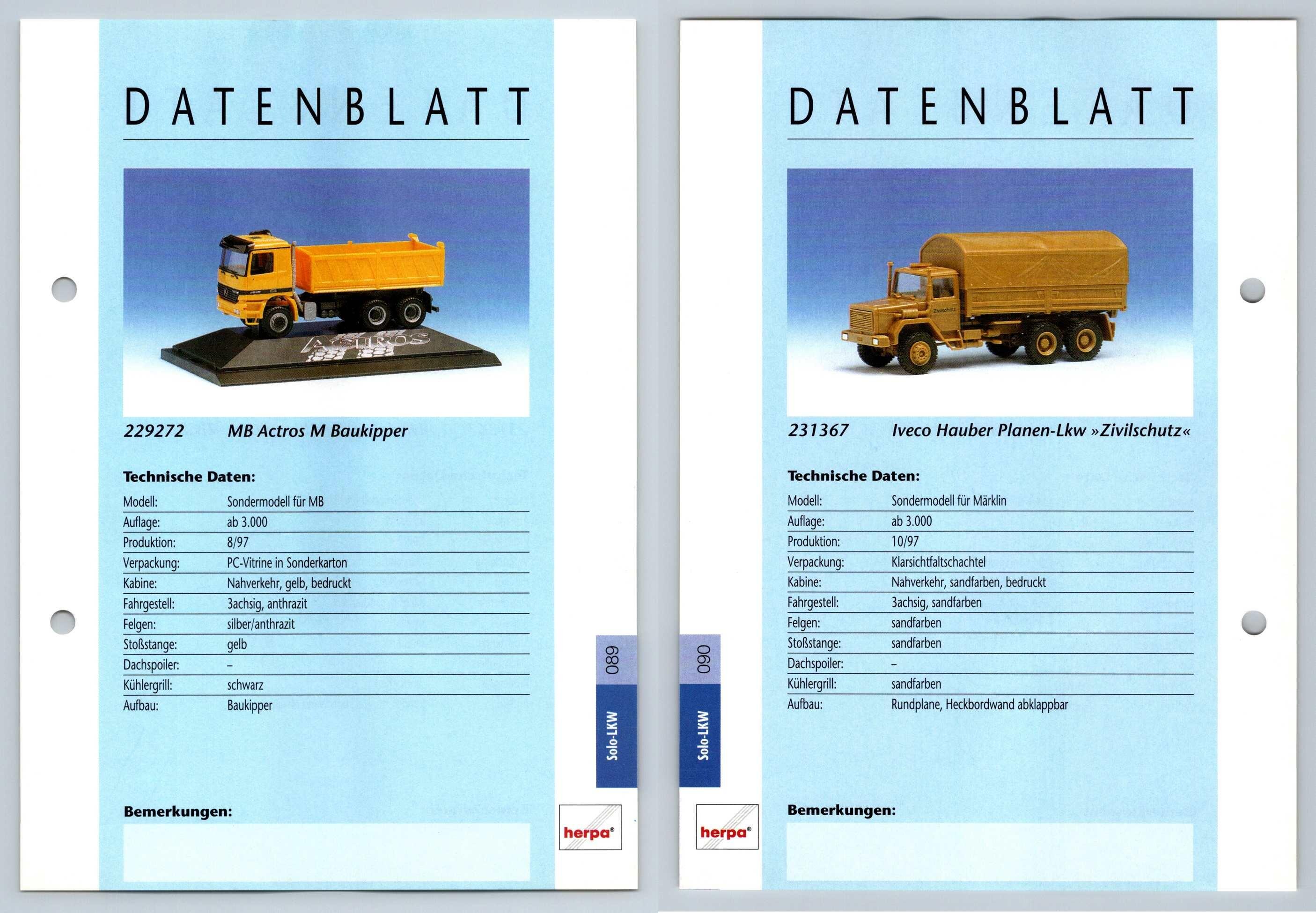 Mb Actros M Iveco Hauber 89 90 Solo Lkw Datenblatt Herpa Data Sheet