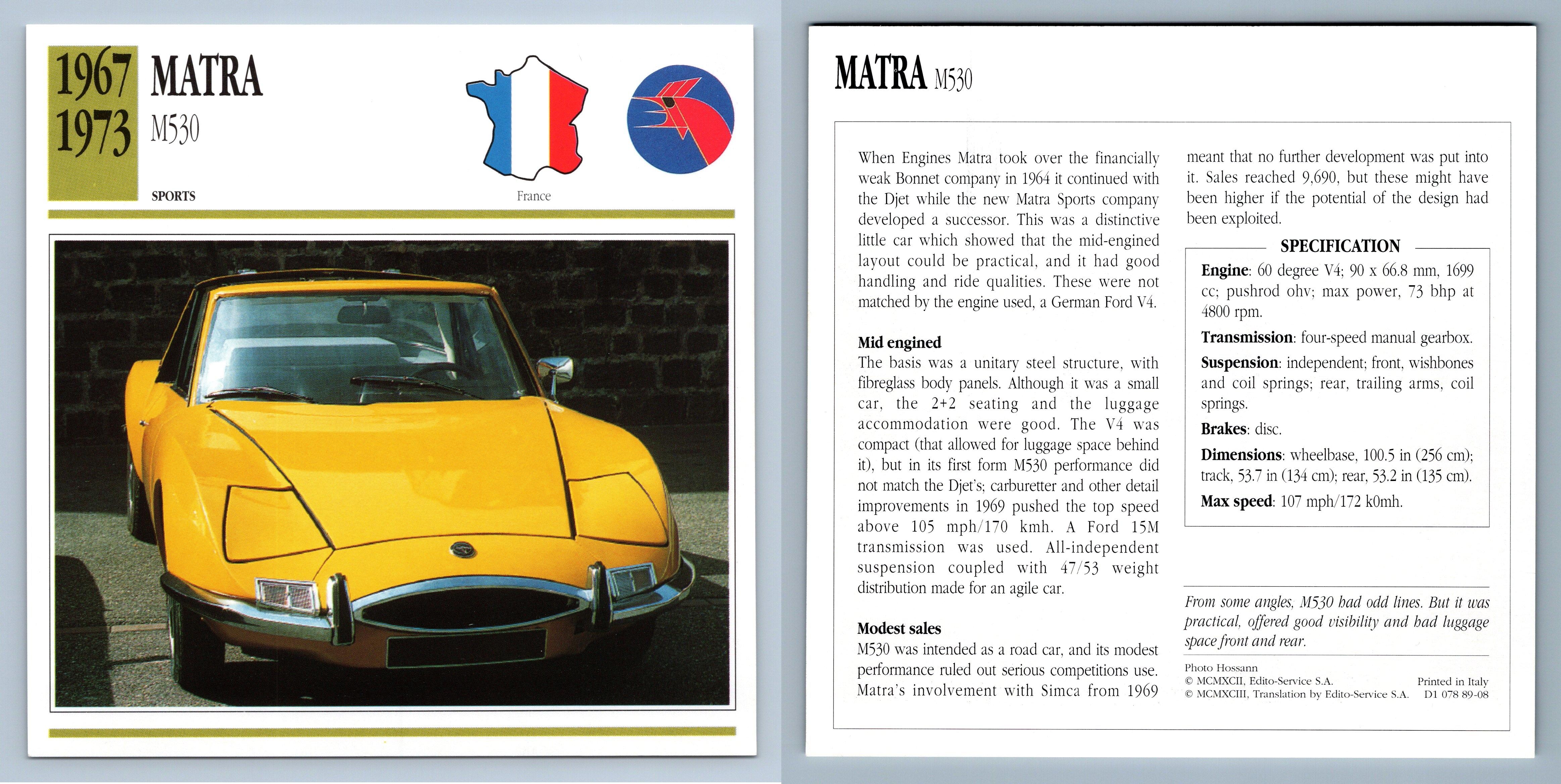 Matra M530 196773 Sports Collectors Club Card