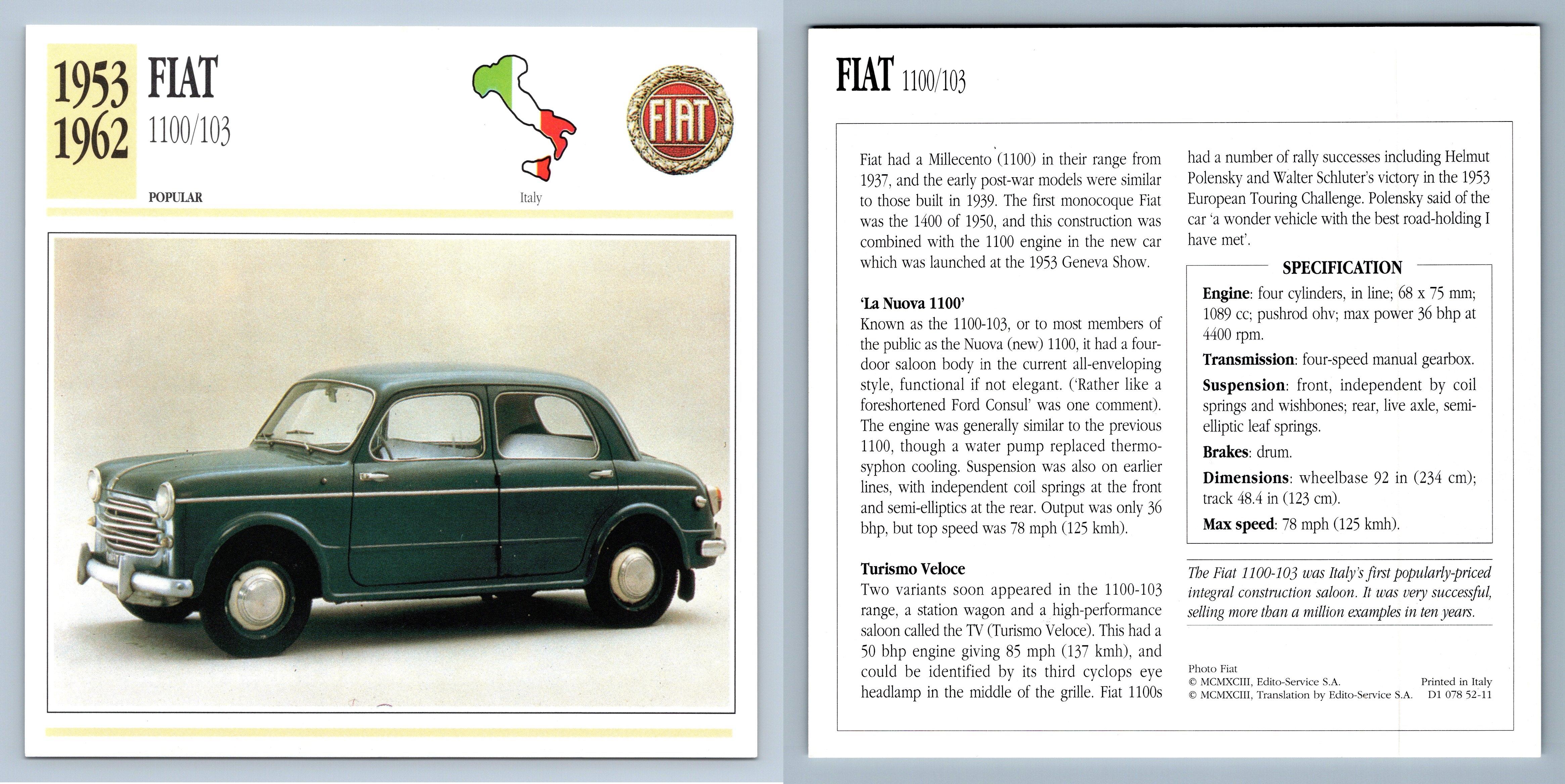 Fiat - 1100/103 - 1953-62 Popular Collectors Club Card
