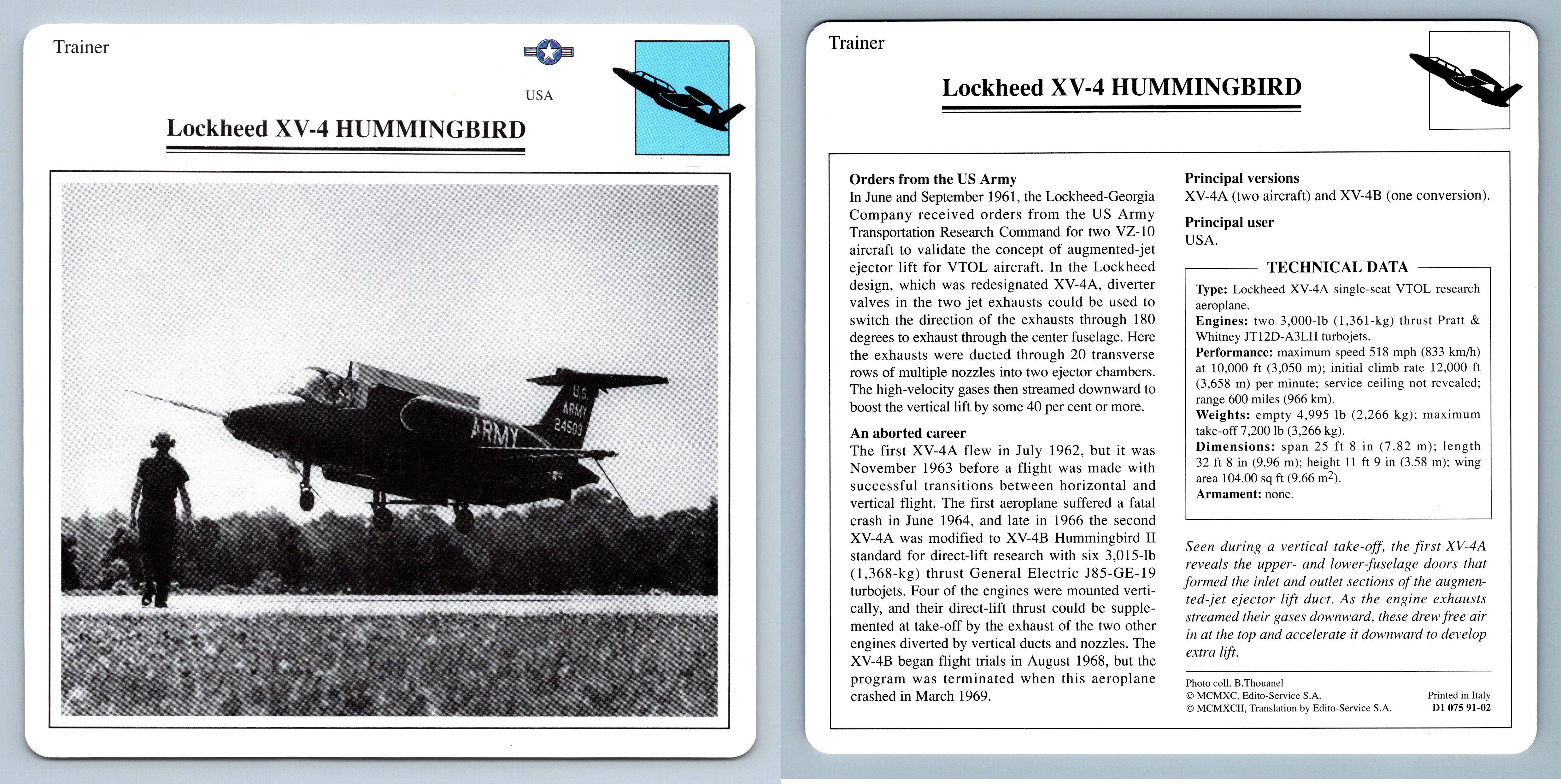 Lockheed XV4 Hummingbird Trainer Warplanes Collectors Club Card