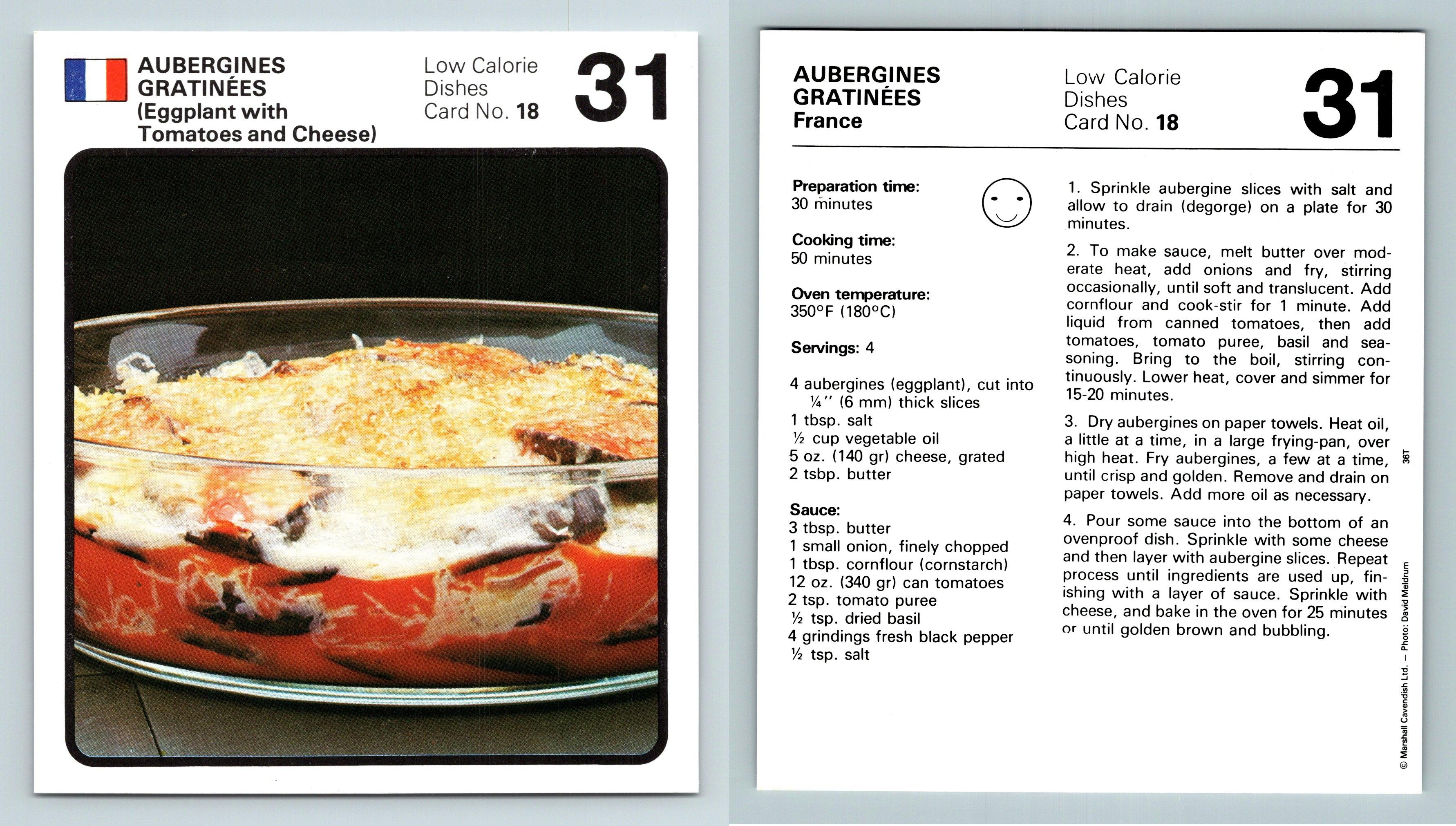 Aubergines Gratinees #18 Low Cal - Marshall Cavendish Int. 1970's Recipe Card - Afbeelding 1 van 1