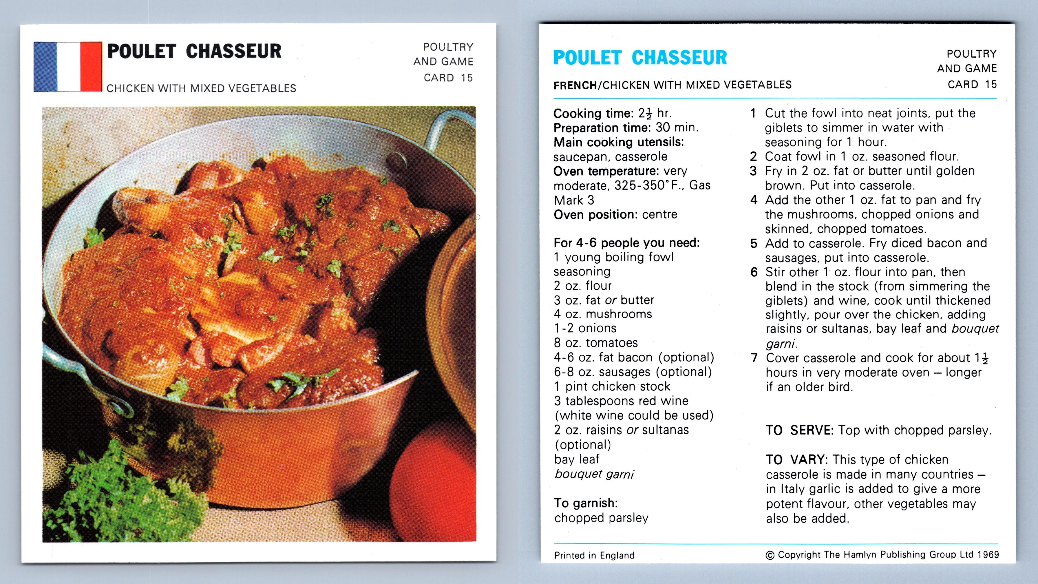 Poulet Chasseur 15 Game Marguerite Patten s Int. 1968 9 Recipe Card