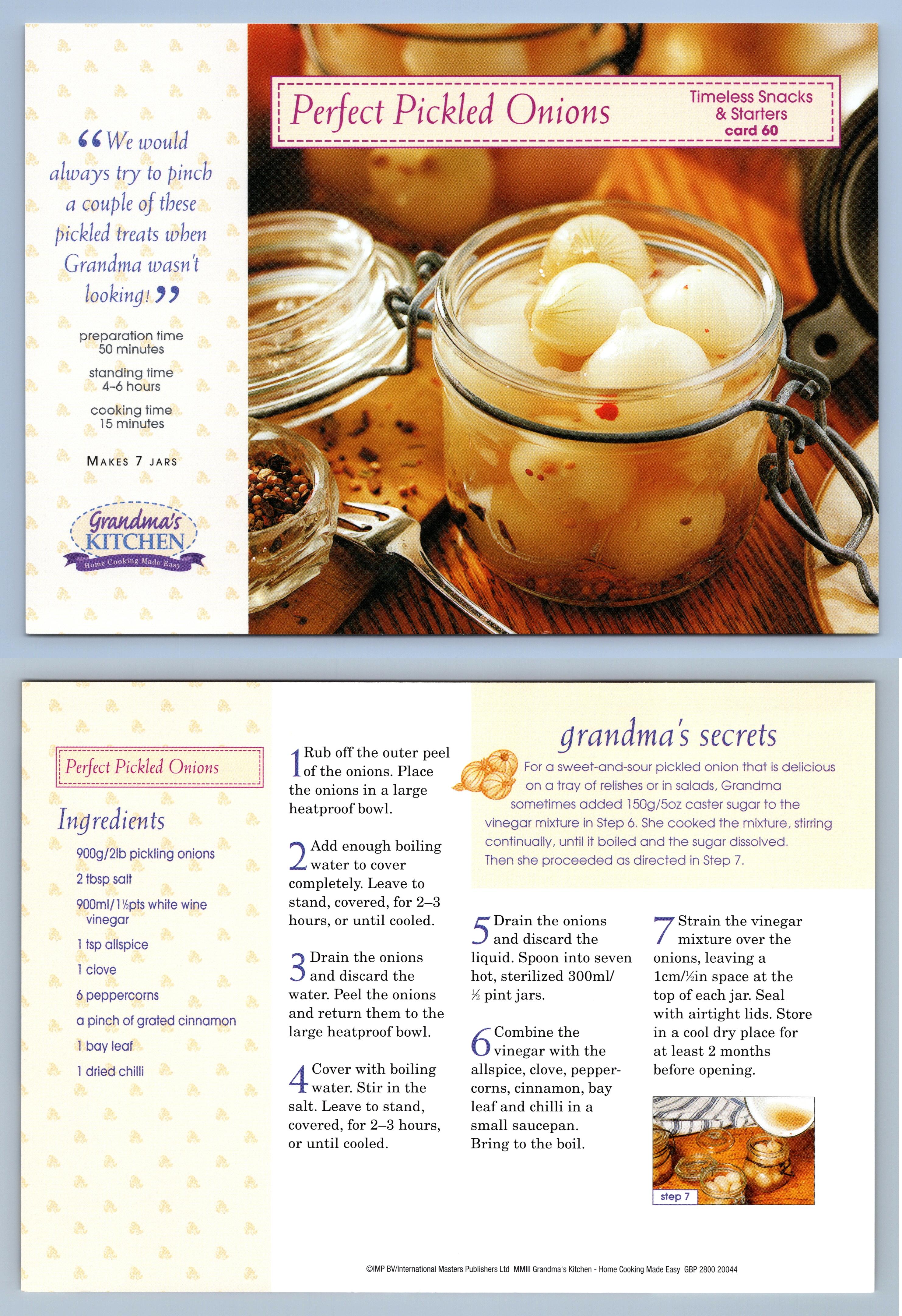 Perfect Pickled Onions 60 Snacks Grandma's Kitchen Recipe Card