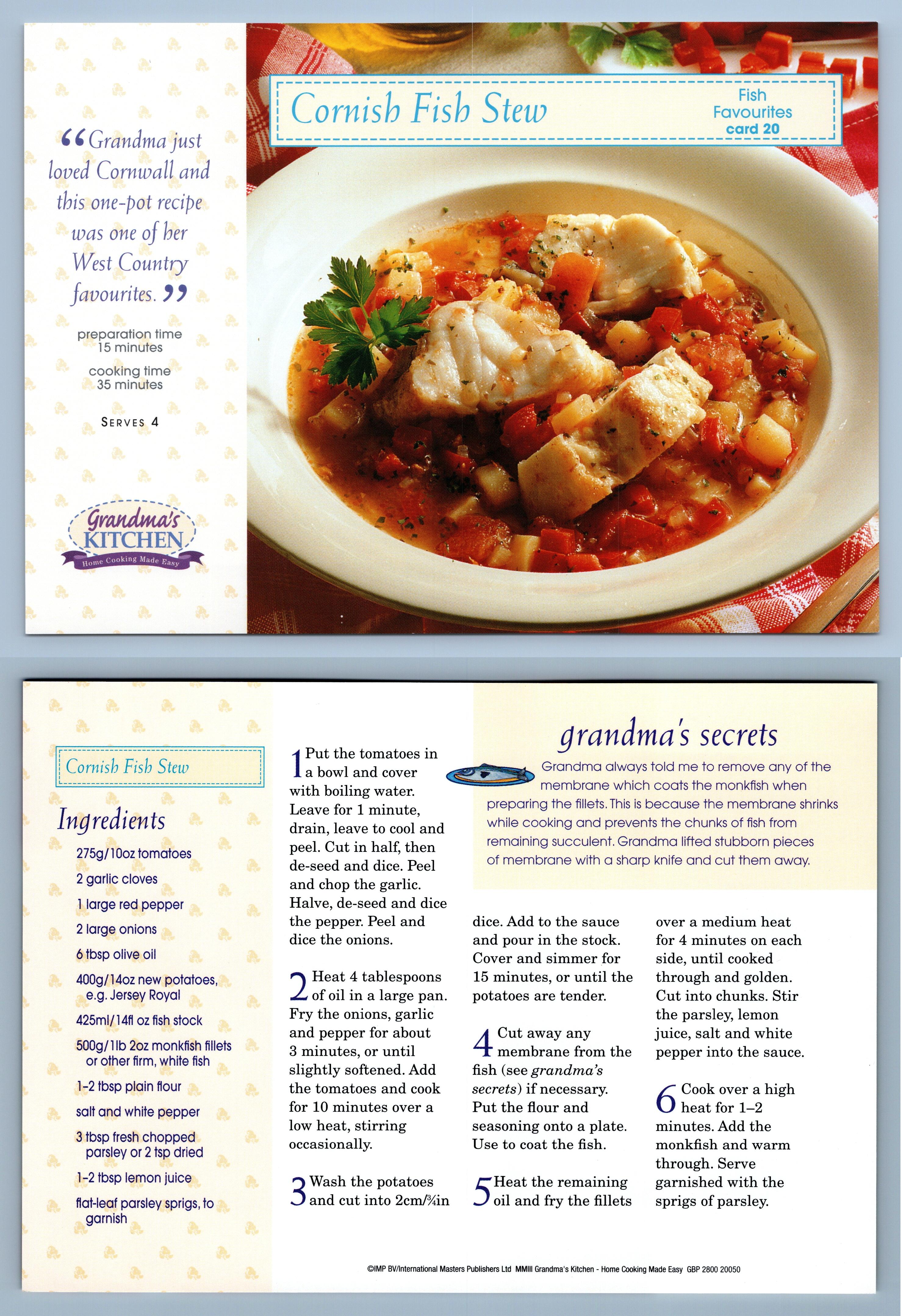 Cornish Fish Stew #20 Fish - Grandma's Kitchen Recipe Card