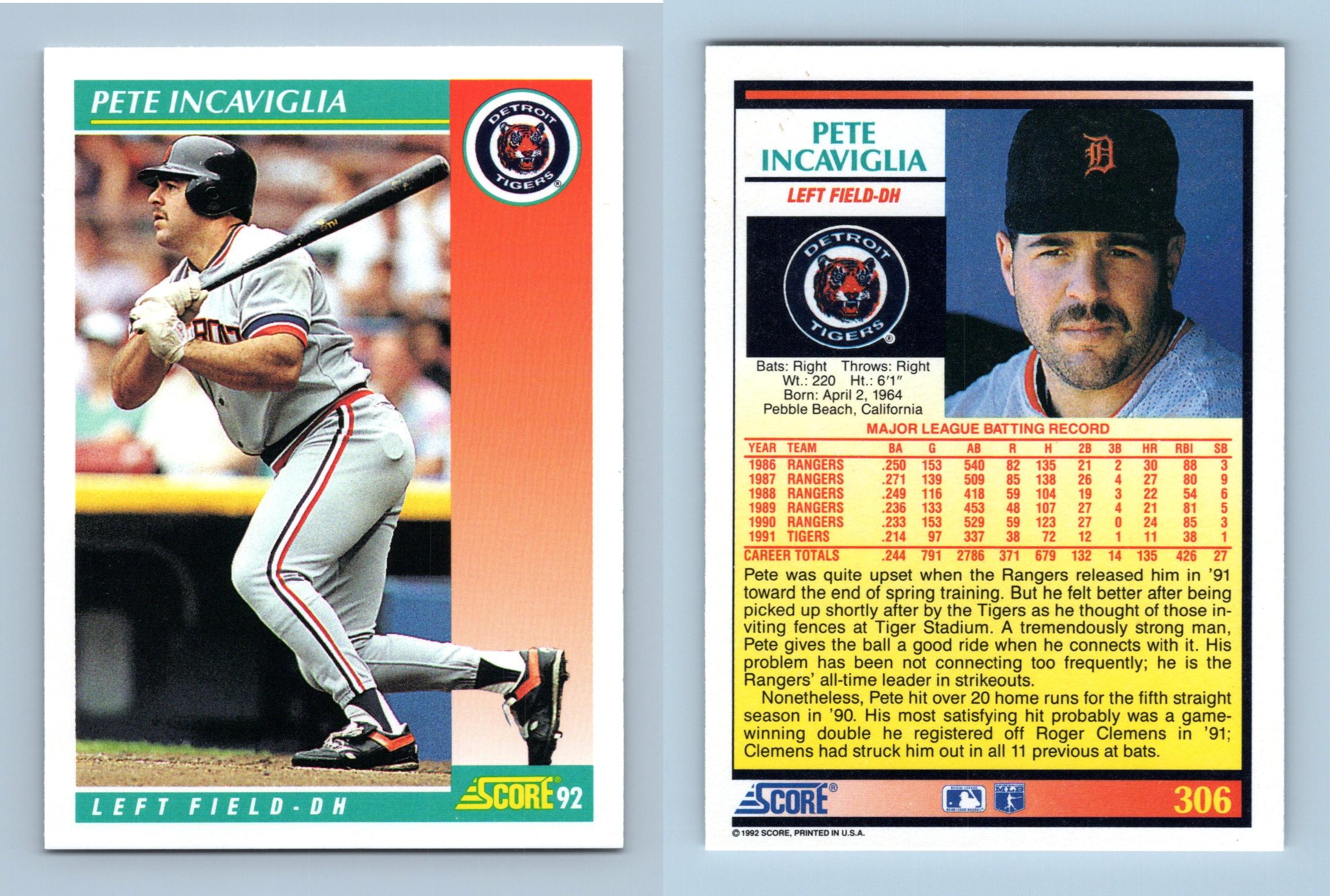 Pete Incaviglia - Tigers - #306 Score 1992 Baseball Trading Card