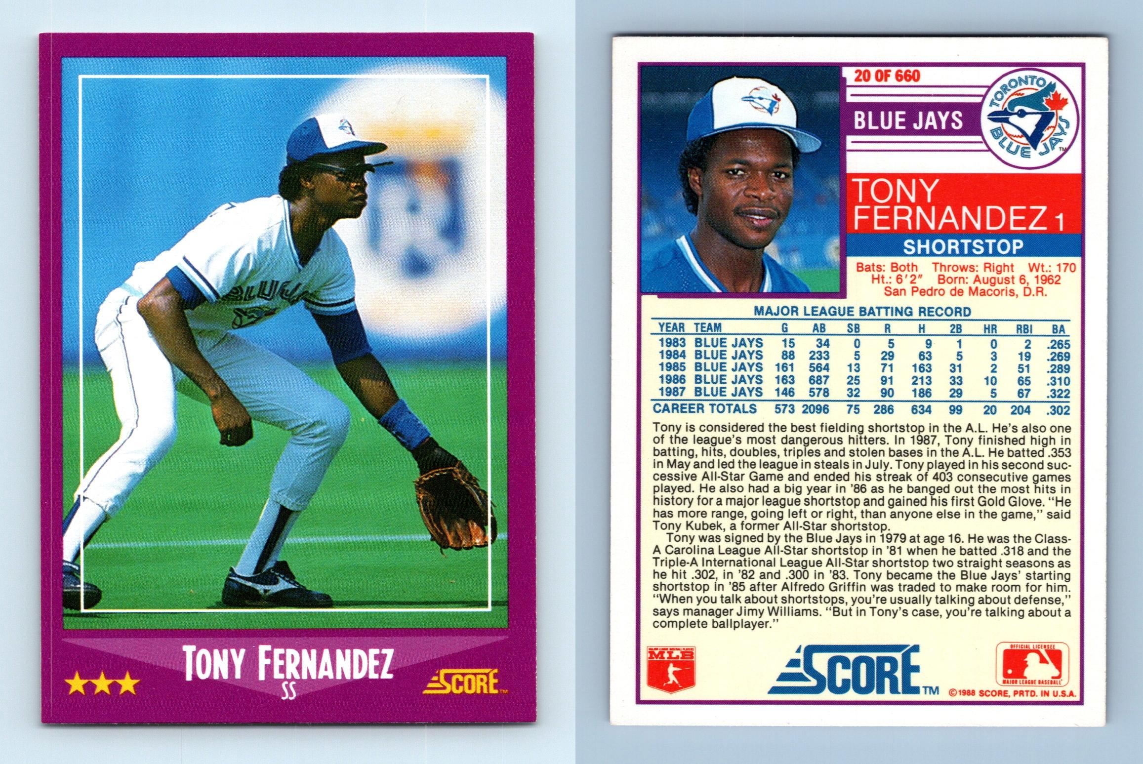 Tony Fernandez -Blue Jays #20 Score 1988 Baseball Trading Card