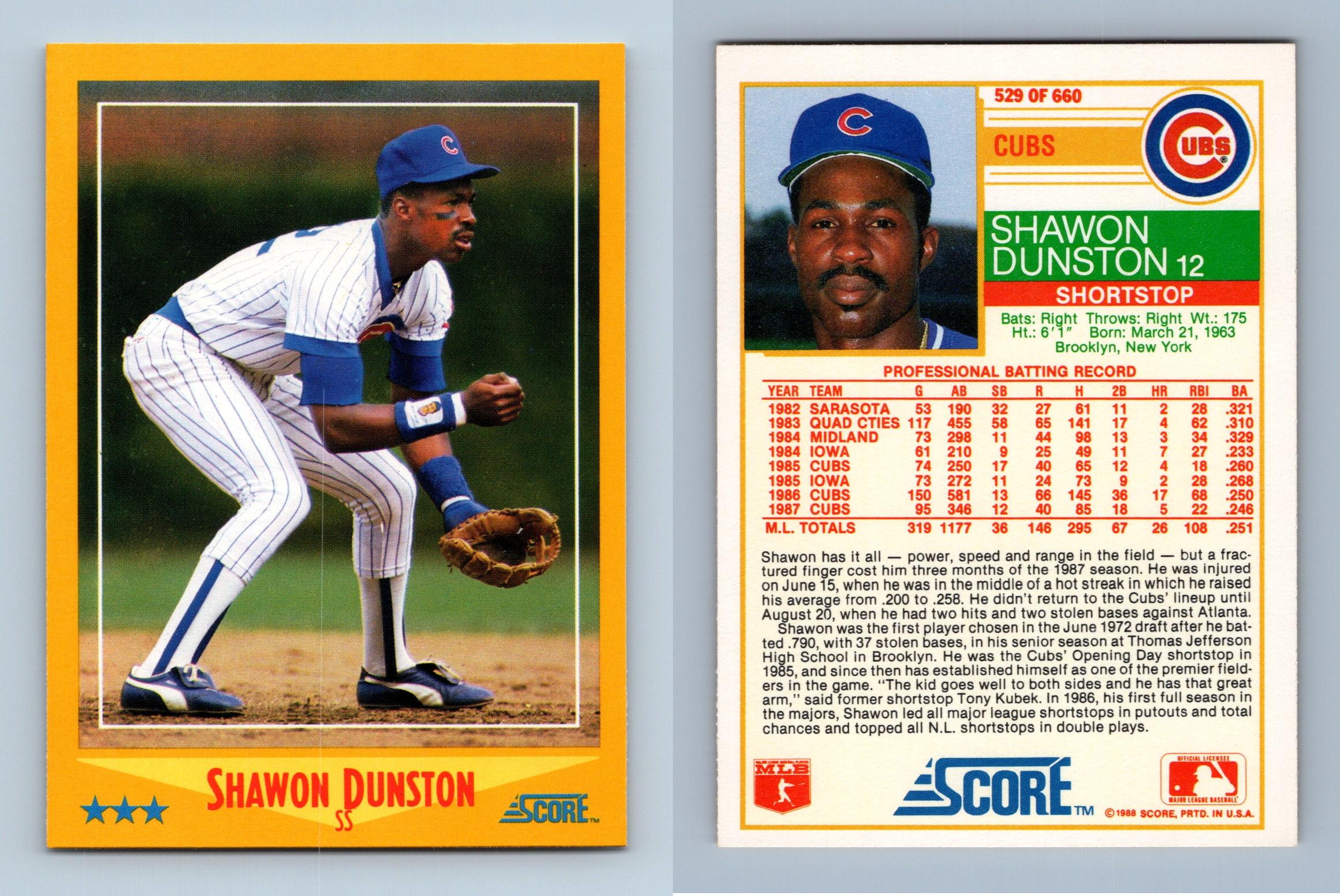 Shawon Dunston - Cubs #529 Score 1988 Baseball Trading Card