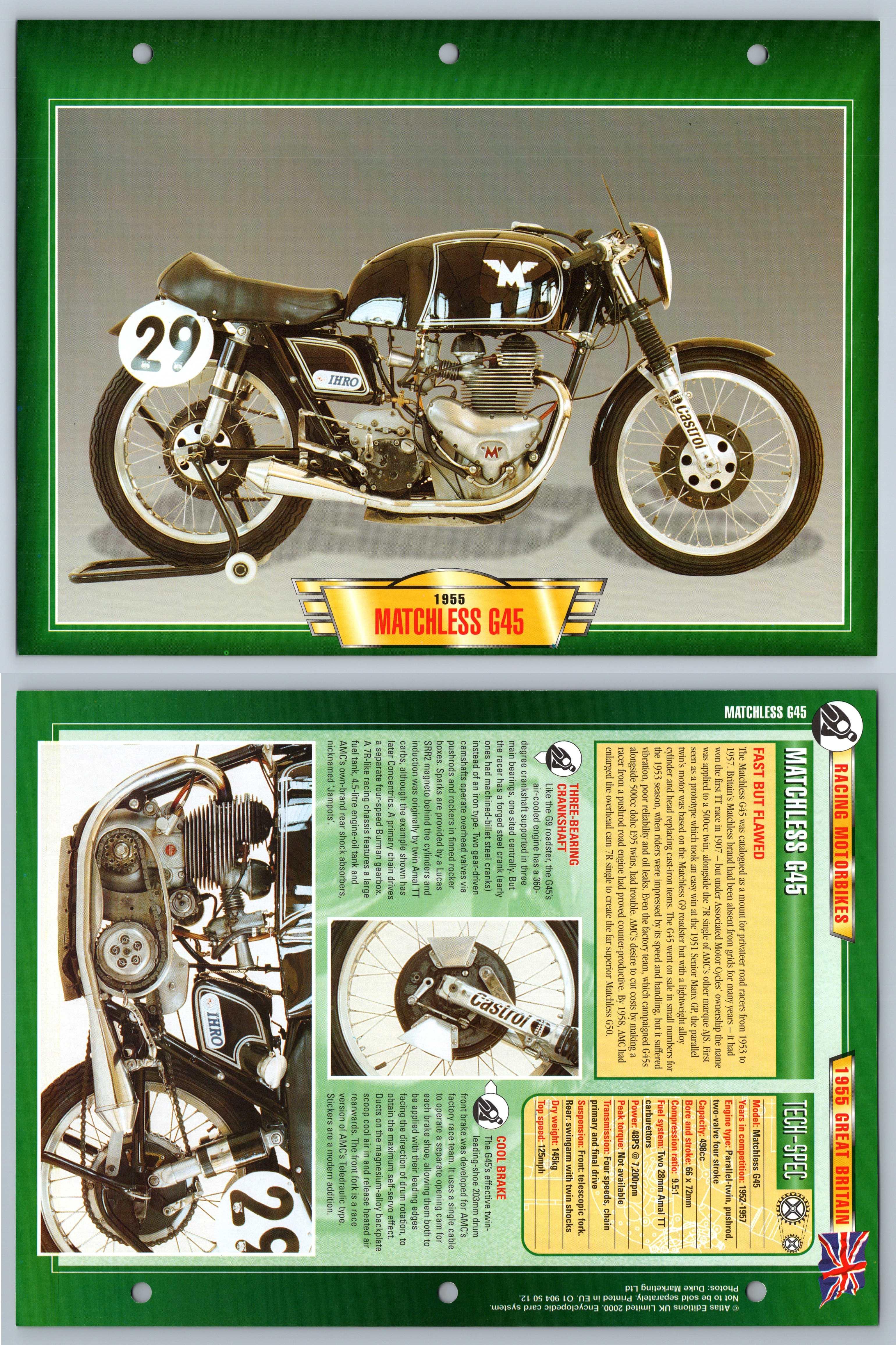 Matchless G45 1955 Racing Atlas Motorbike Fact File Card