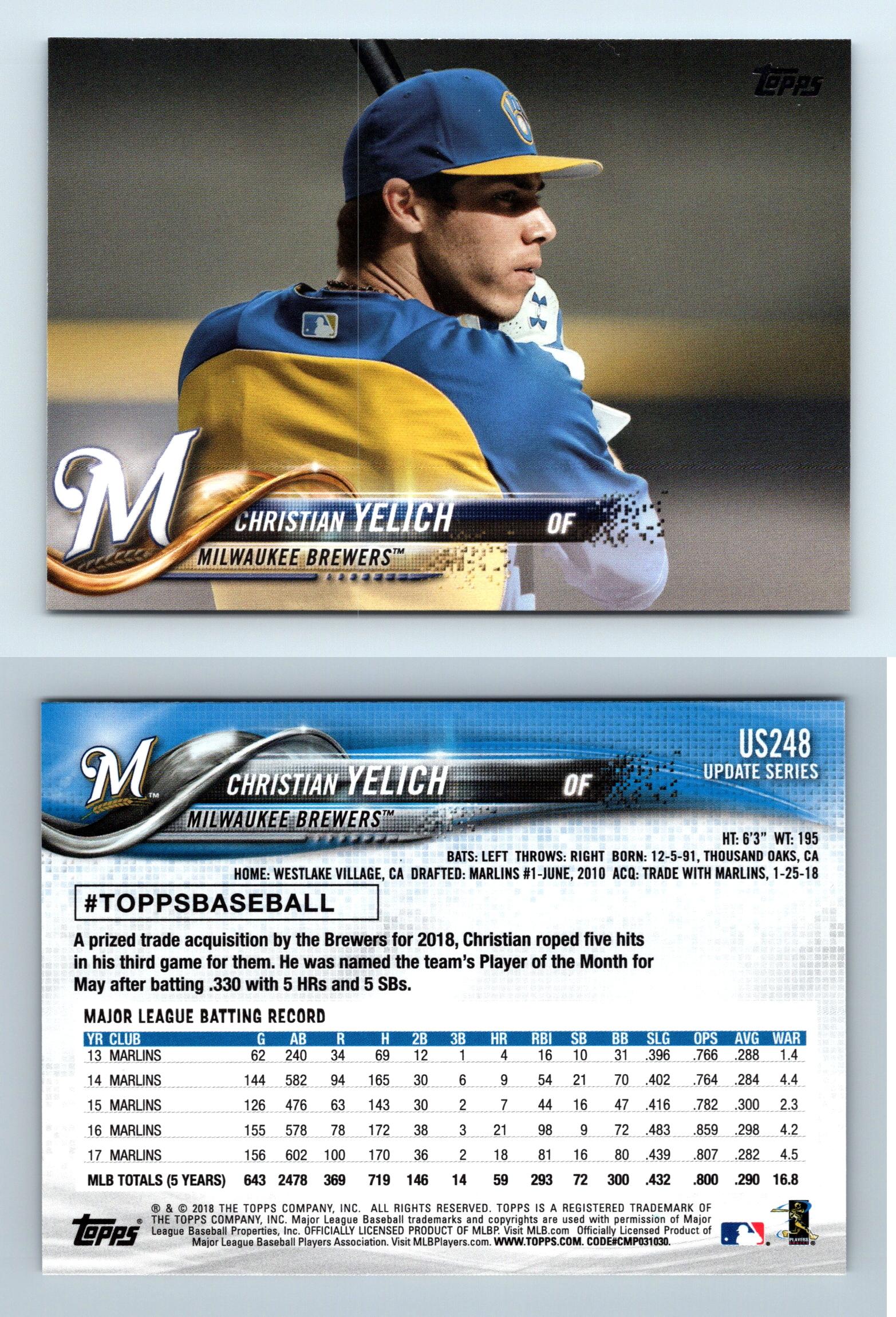 CHRISTIAN YELICH MIAMI MARLINS SIGNED TOPPS OD BASEBALL CARD MILWAUKEE  BREWERS