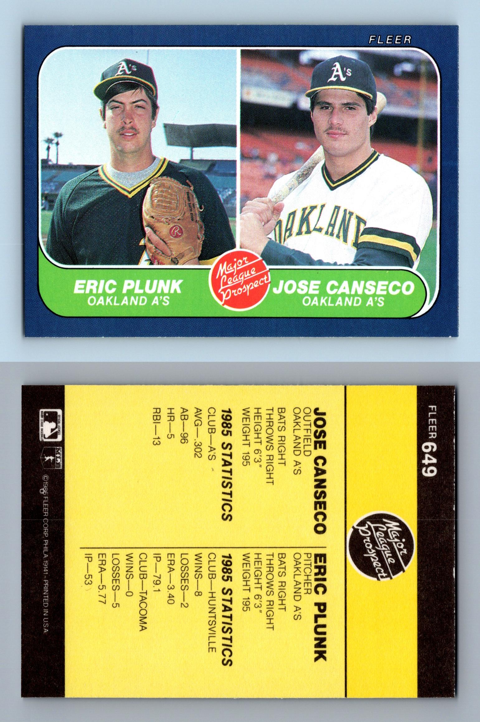 1986 Fleer Baseball #649 Eric Plunk/Jose Canseco Rookie Card