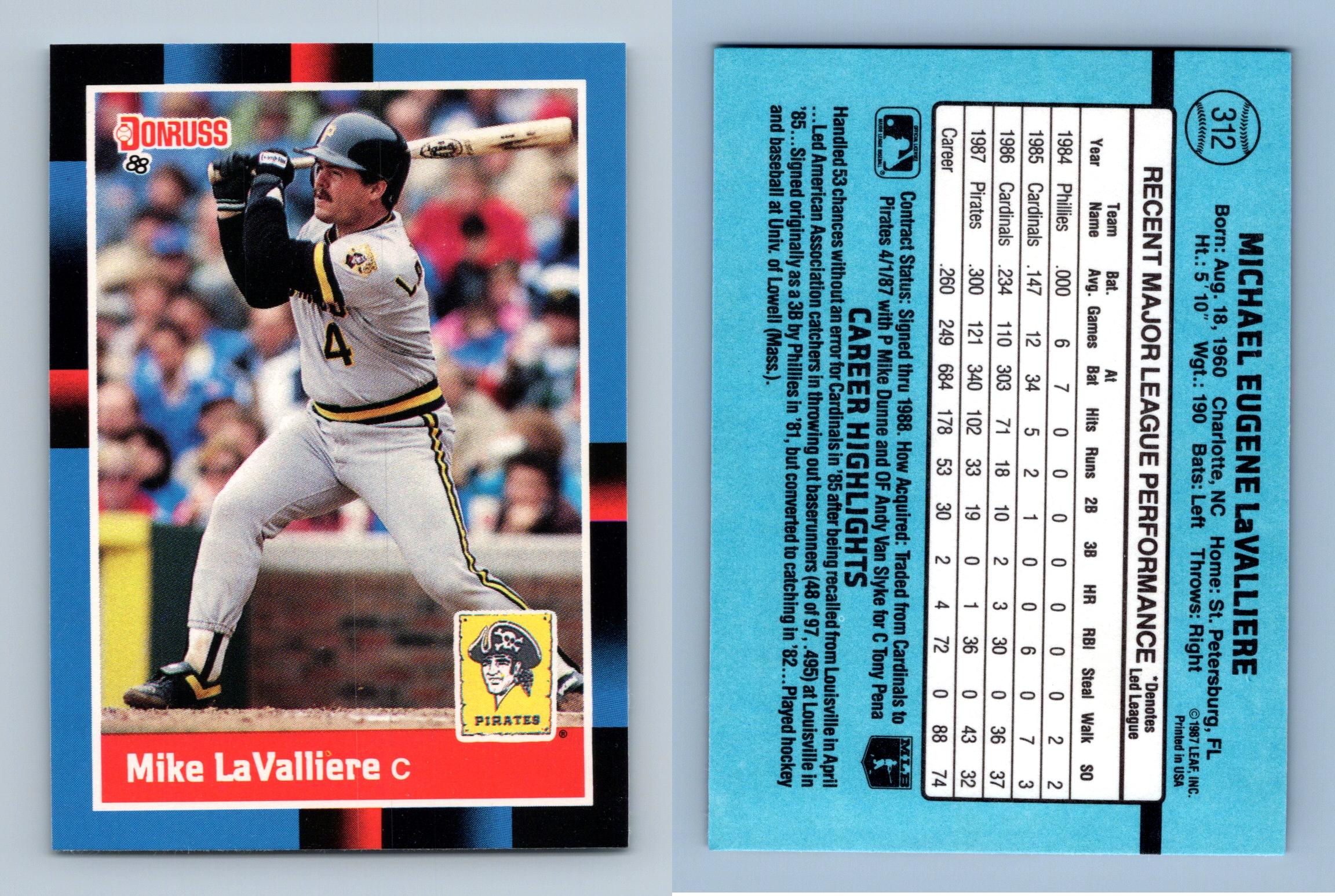 Mike LaValliere - Pirates #312 Donruss 1988 Baseball Trading Card