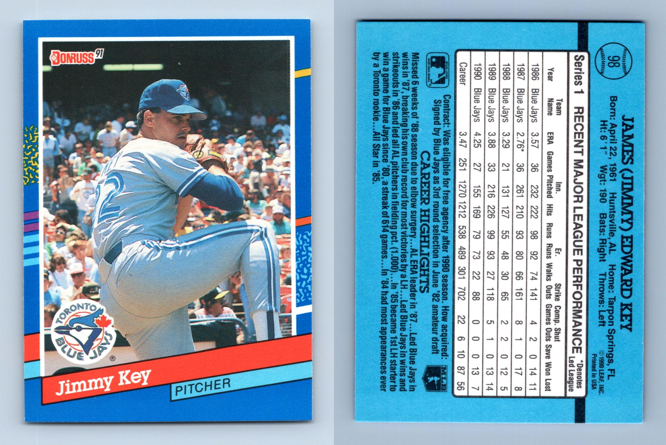Jimmy Key - Blue Jays #98 Donruss 1991 Baseball Trading Card