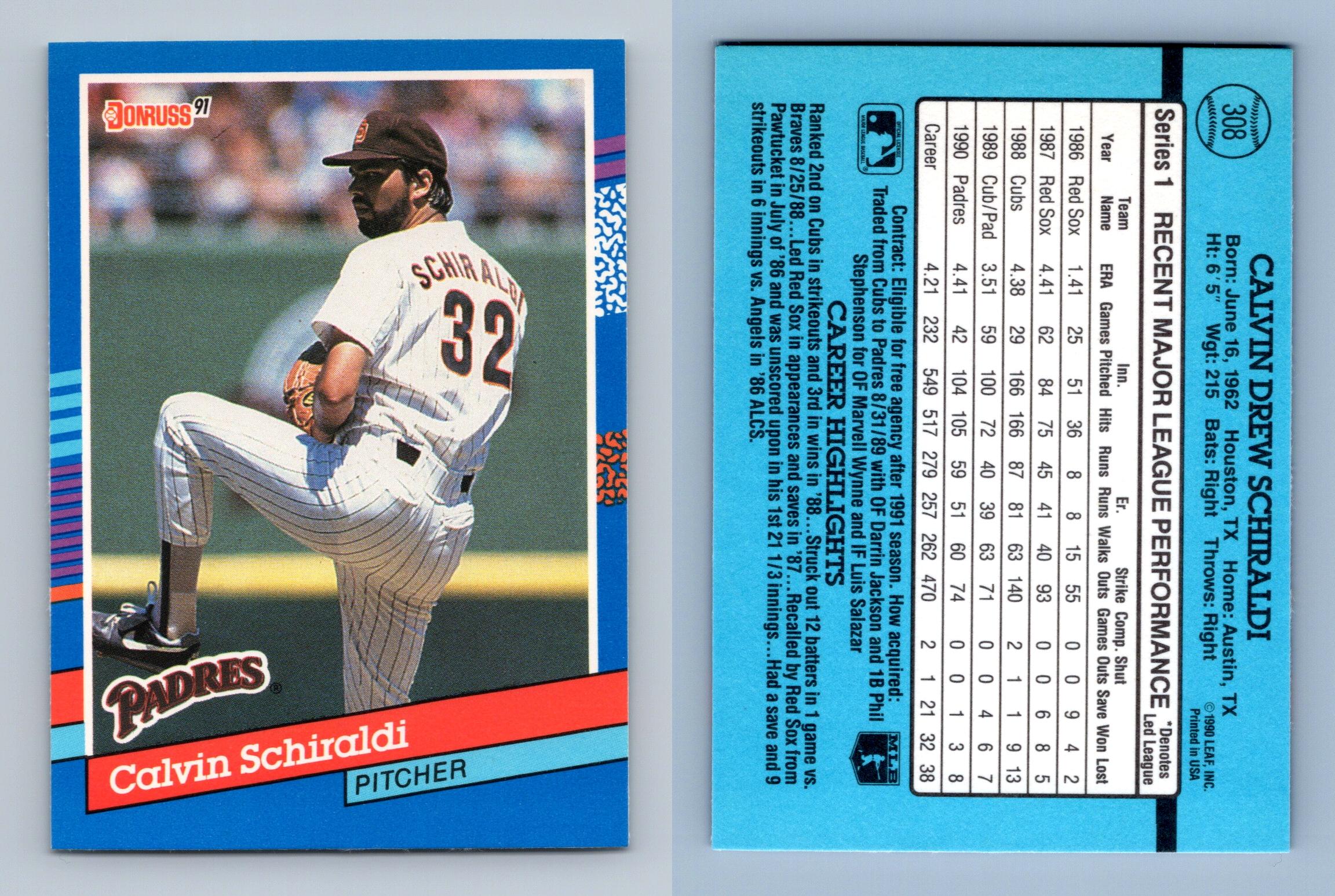 Calvin Schiraldi - Padres #308 Donruss 1991 Baseball Trading Card