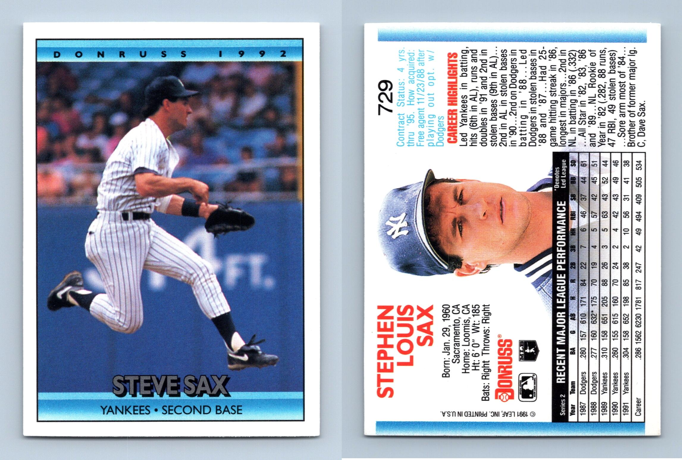 Steve Sax - Yankees #729 Donruss 1992 Baseball Trading Card