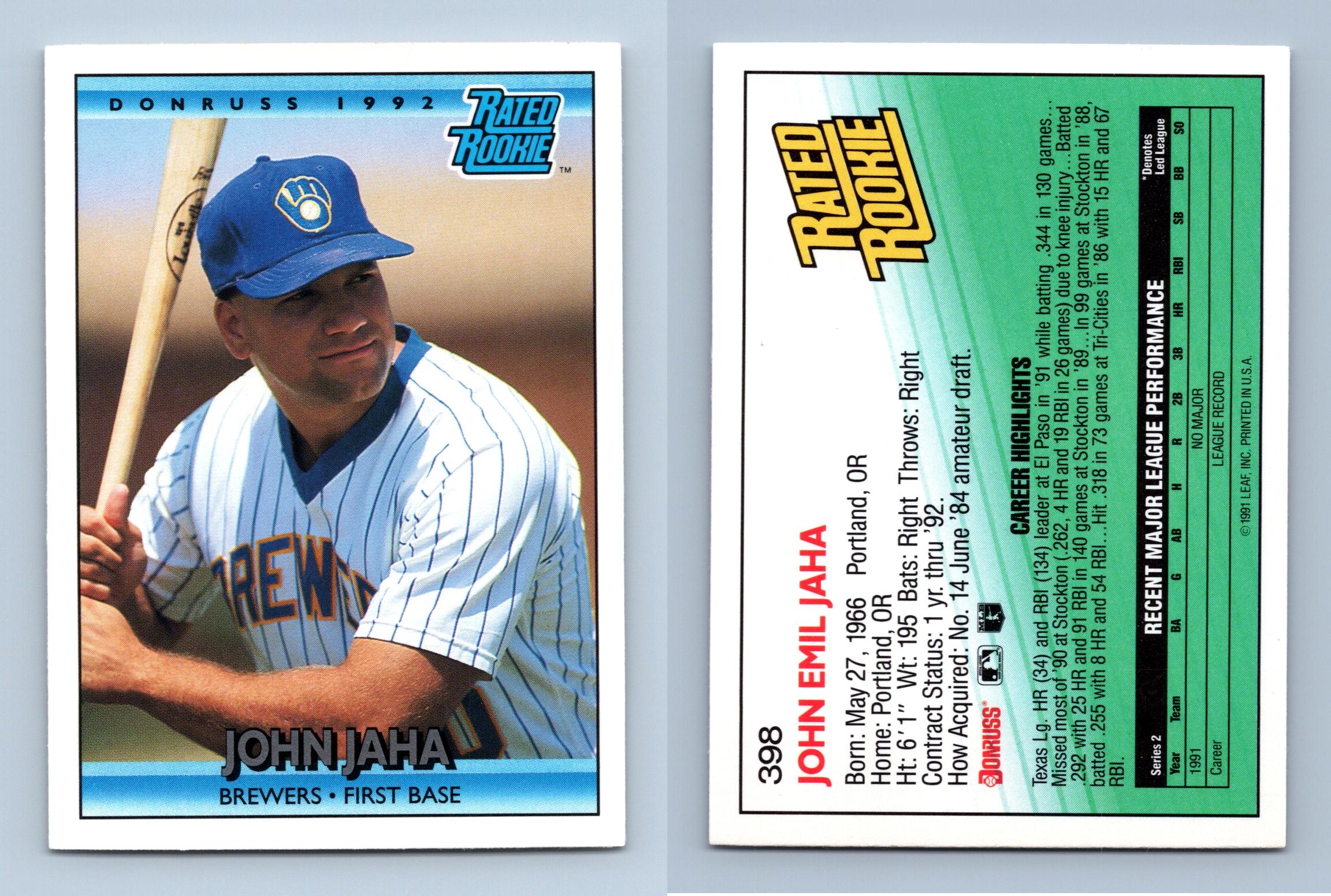 John Jaha - Brewers #398 Donruss 1992 Baseball RC Trading Card