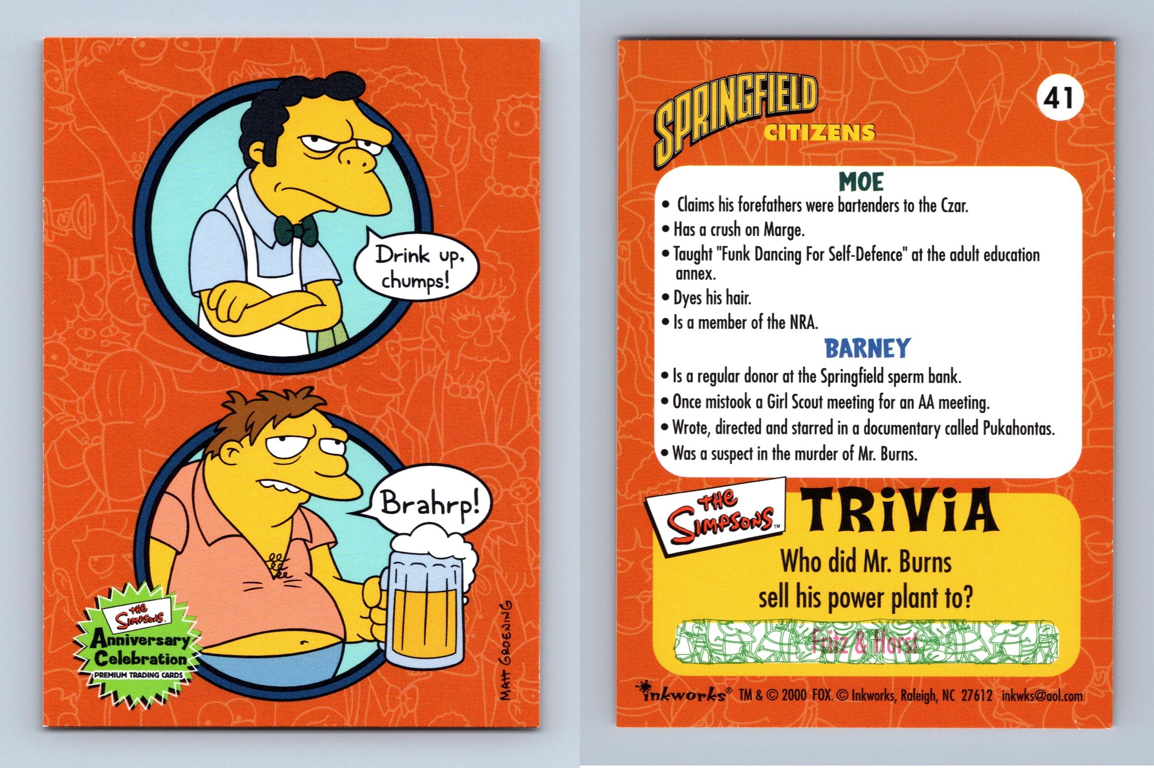 Moe & Barney #41 The Simpsons 10th Anniversary 2000 Inkworks Trading Card