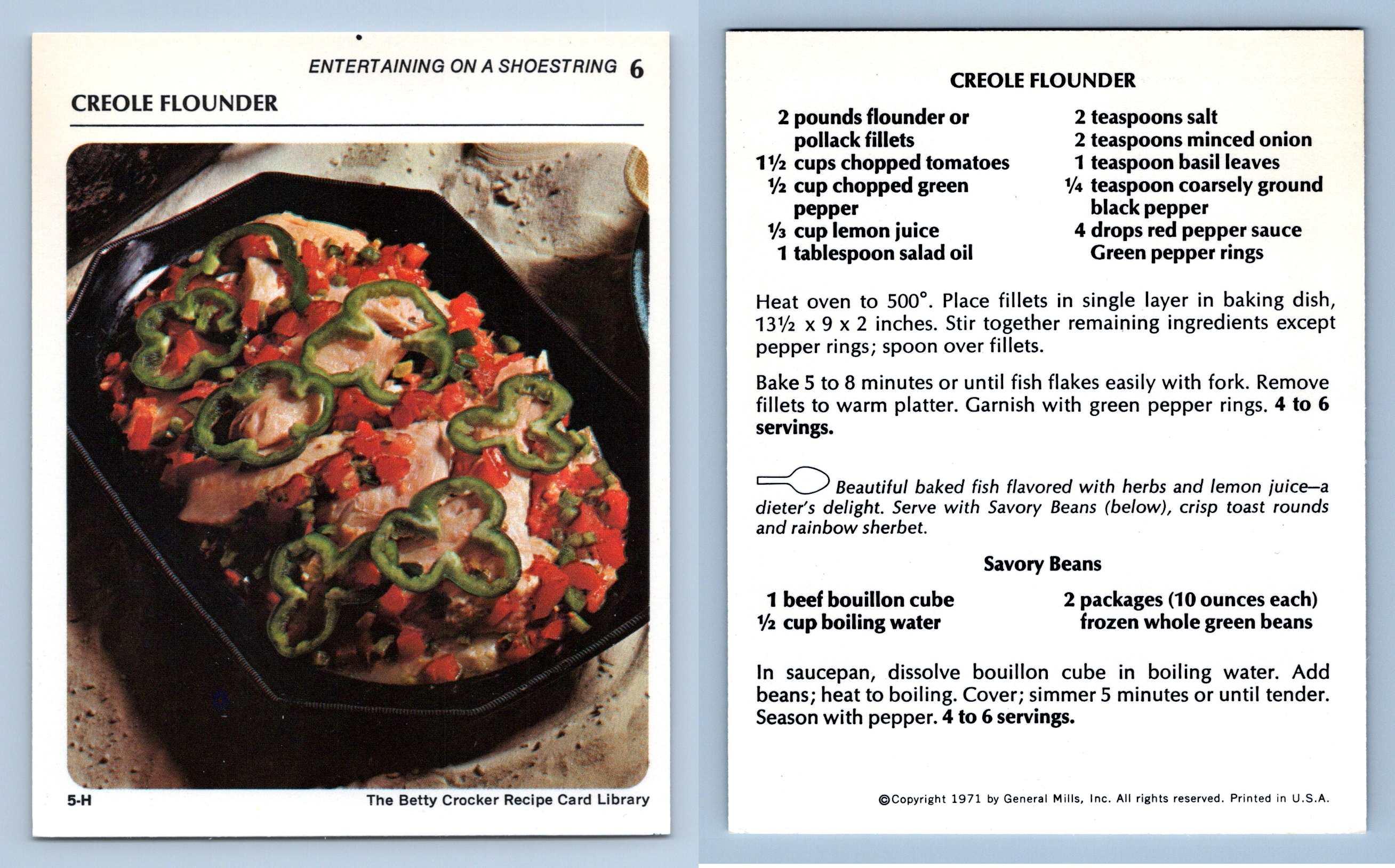 Creole Flounder #6 Entertaining Betty Crocker 1971 Recipe Card