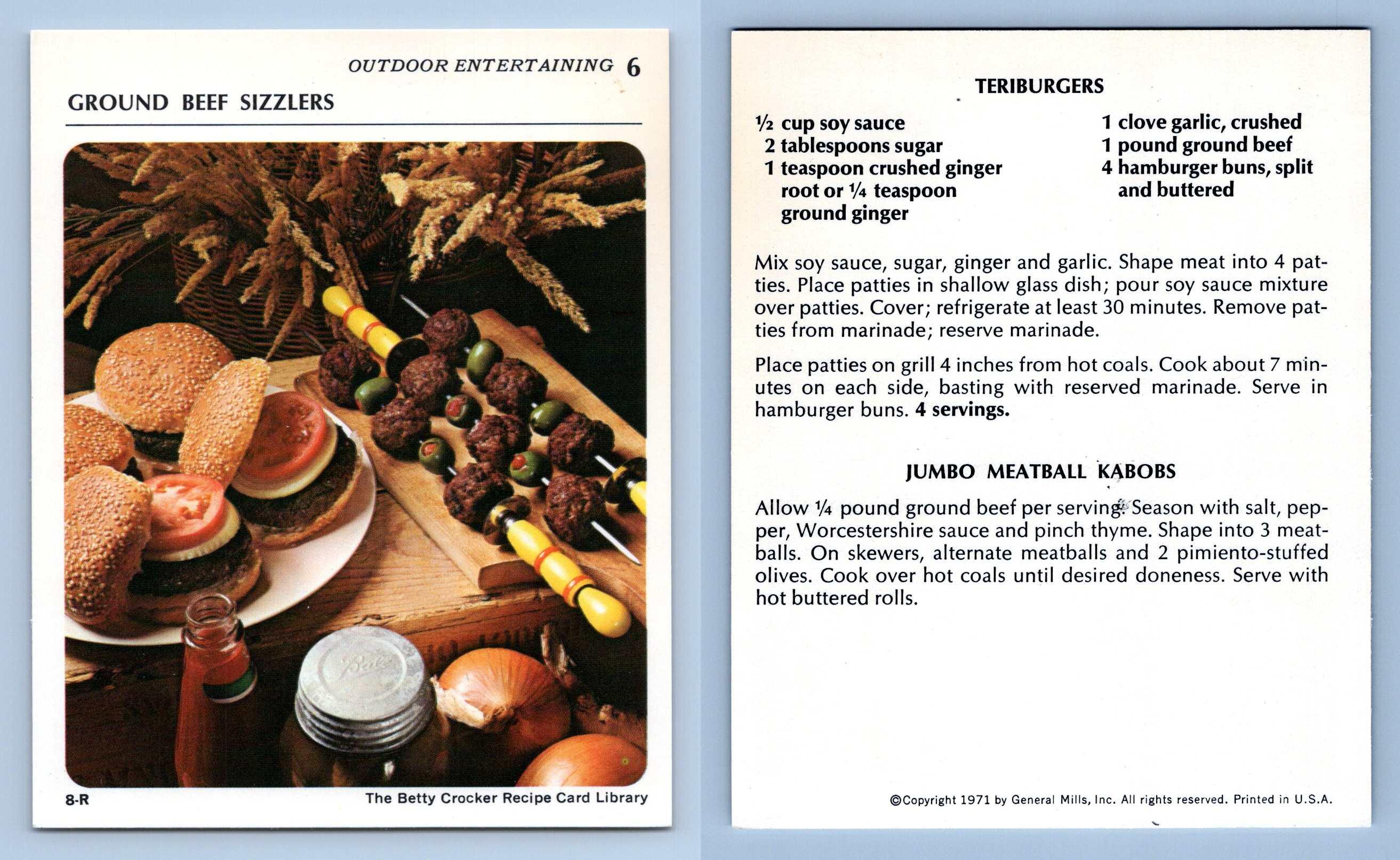 Ground Beef Sizzlers 6 Outdoor Betty Crocker 1971 Recipe Card