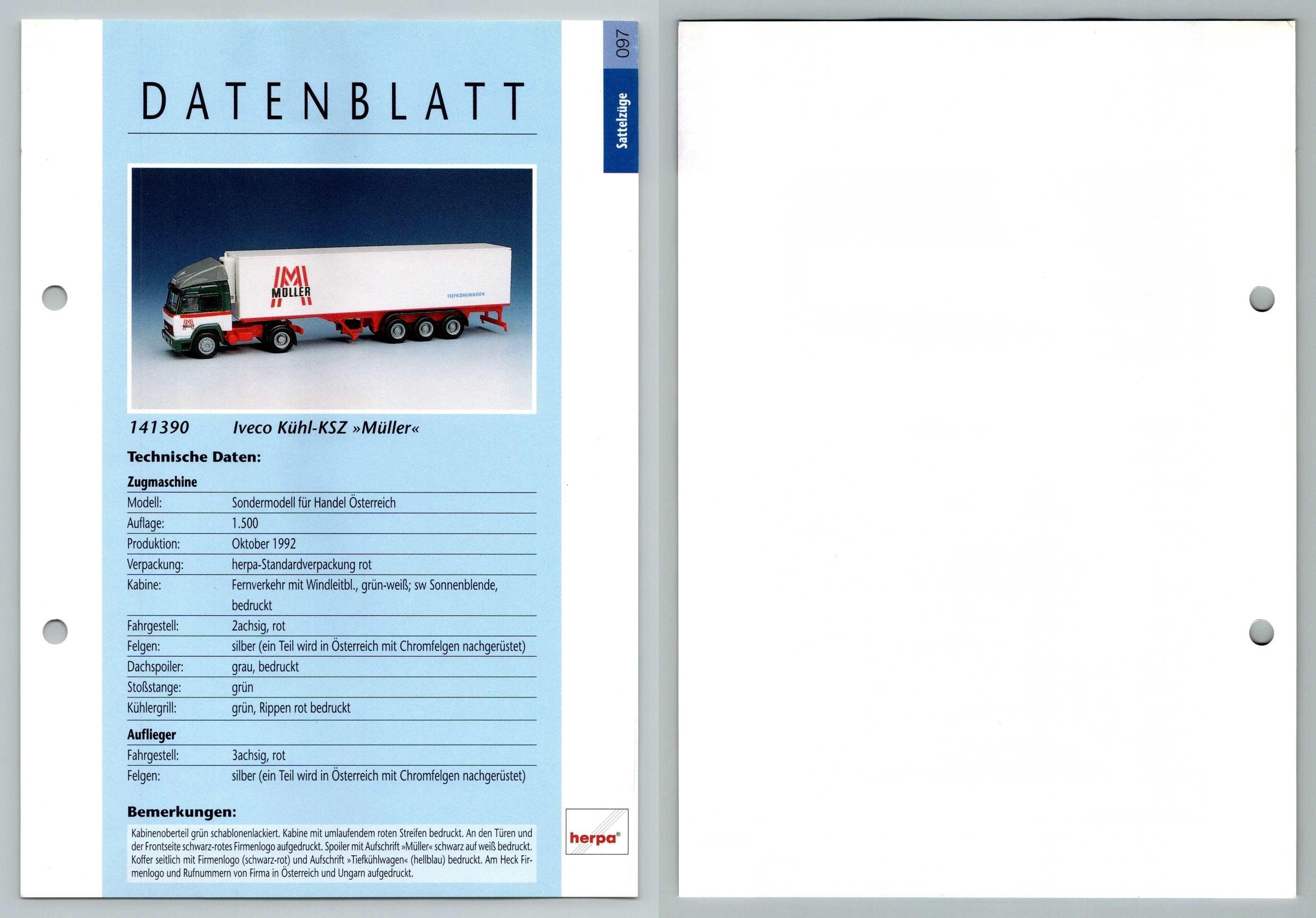 Iveco Kuhl Ksz Muller 97 Sattelzuge Datenblatt Herpa Data Sheet