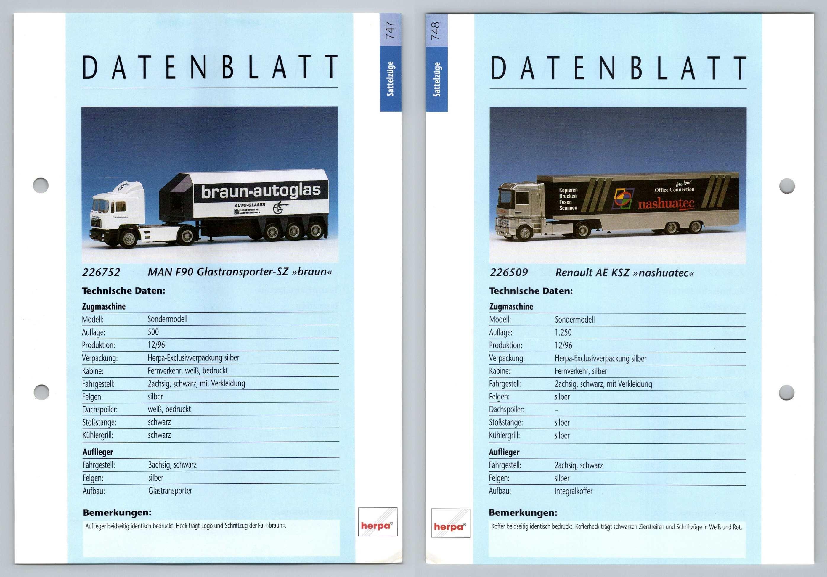 Man F90 Renault Ae 747 8 Sattelzuge Datenblatt Herpa Data Sheet