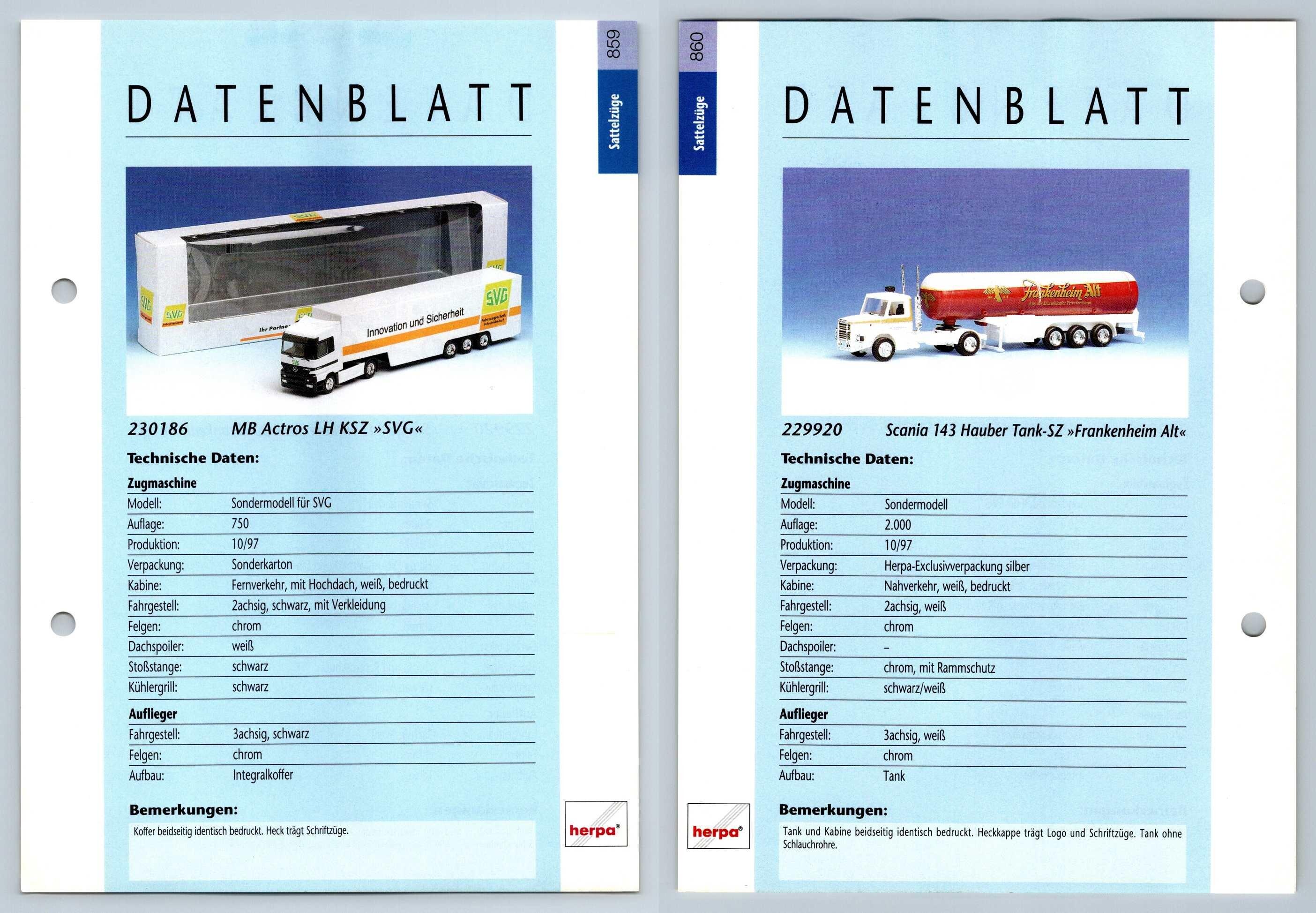 Mb Actros Lh Scania 143 859 60 Sattelzuge Datenblatt Herpa Data Sheet