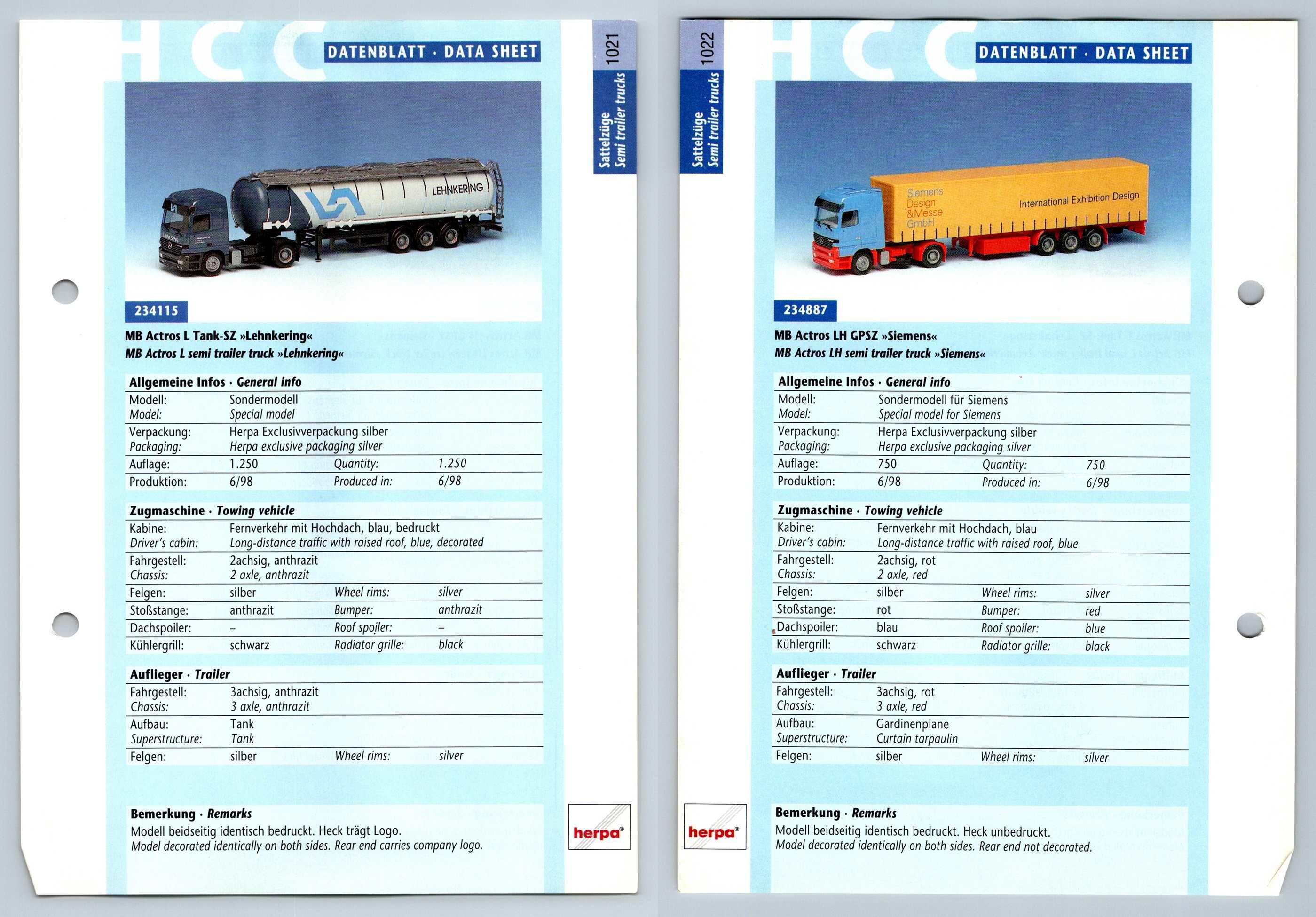 Mb Actros L Lh Gpsz 1021 2 Sattelzuge Datenblatt Herpa Data Sheet