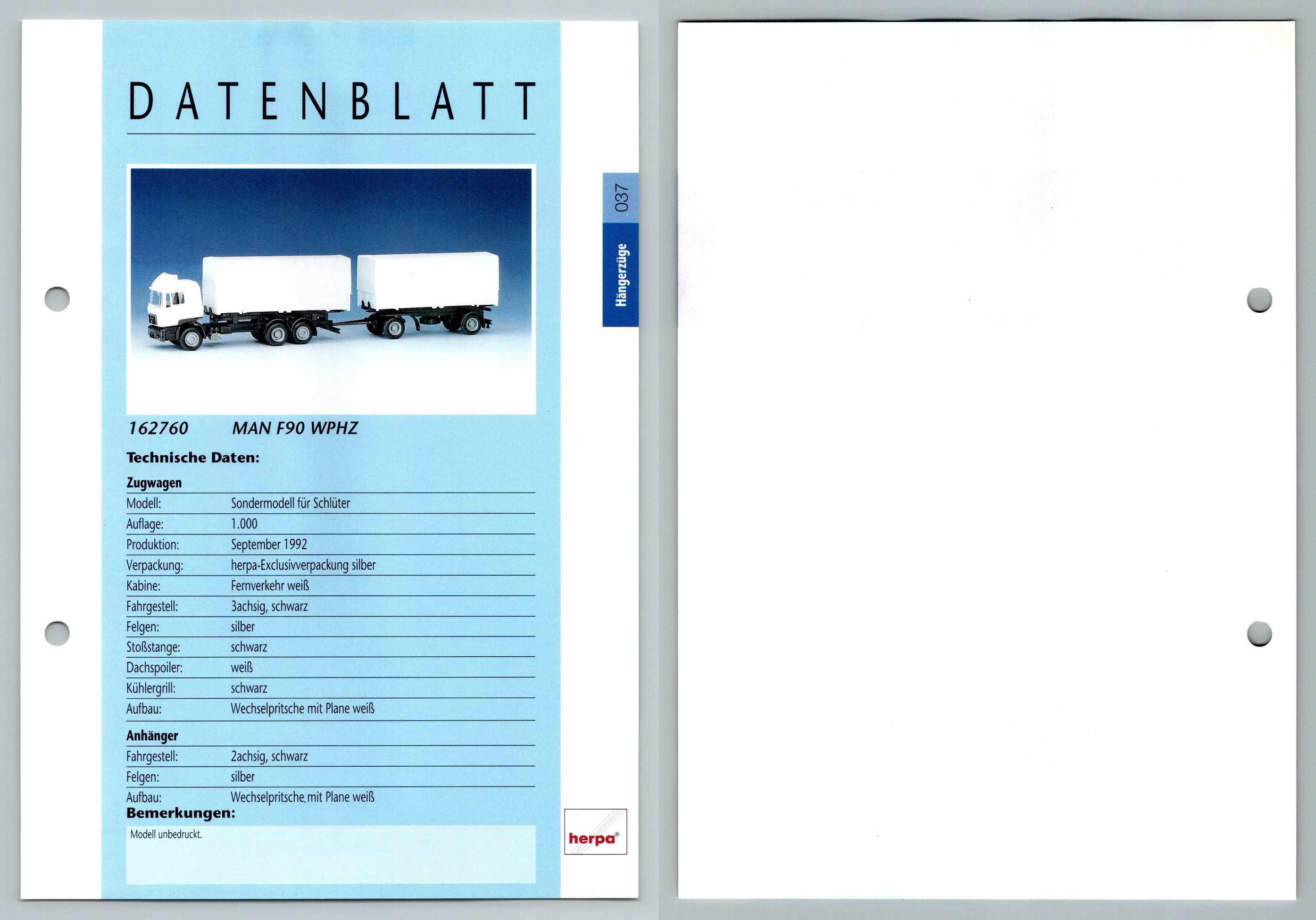 Man F90 Wphz 37 Hangerzuge Datenblatt Herpa Data Sheet