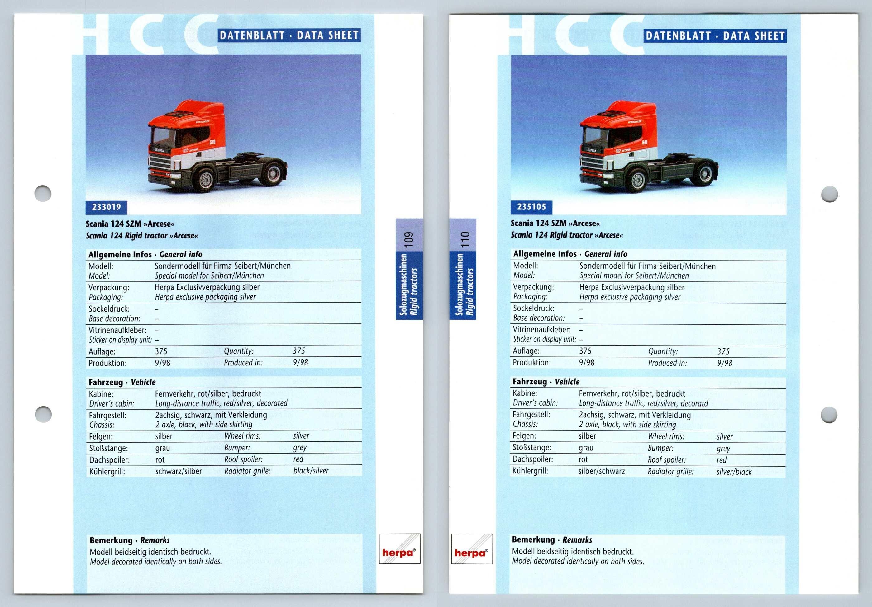 Scania 124 Szm 109 10 Solozugmaschinen Datenblatt Herpa Data Sheet