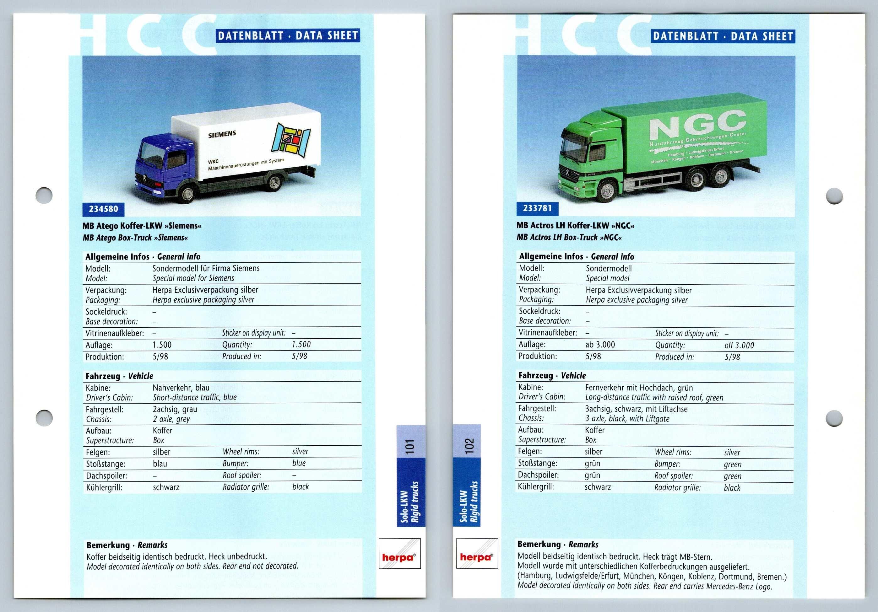 Mb Atego Koffer Actros 101 2 Solo Lkw Datenblatt Herpa Data Sheet