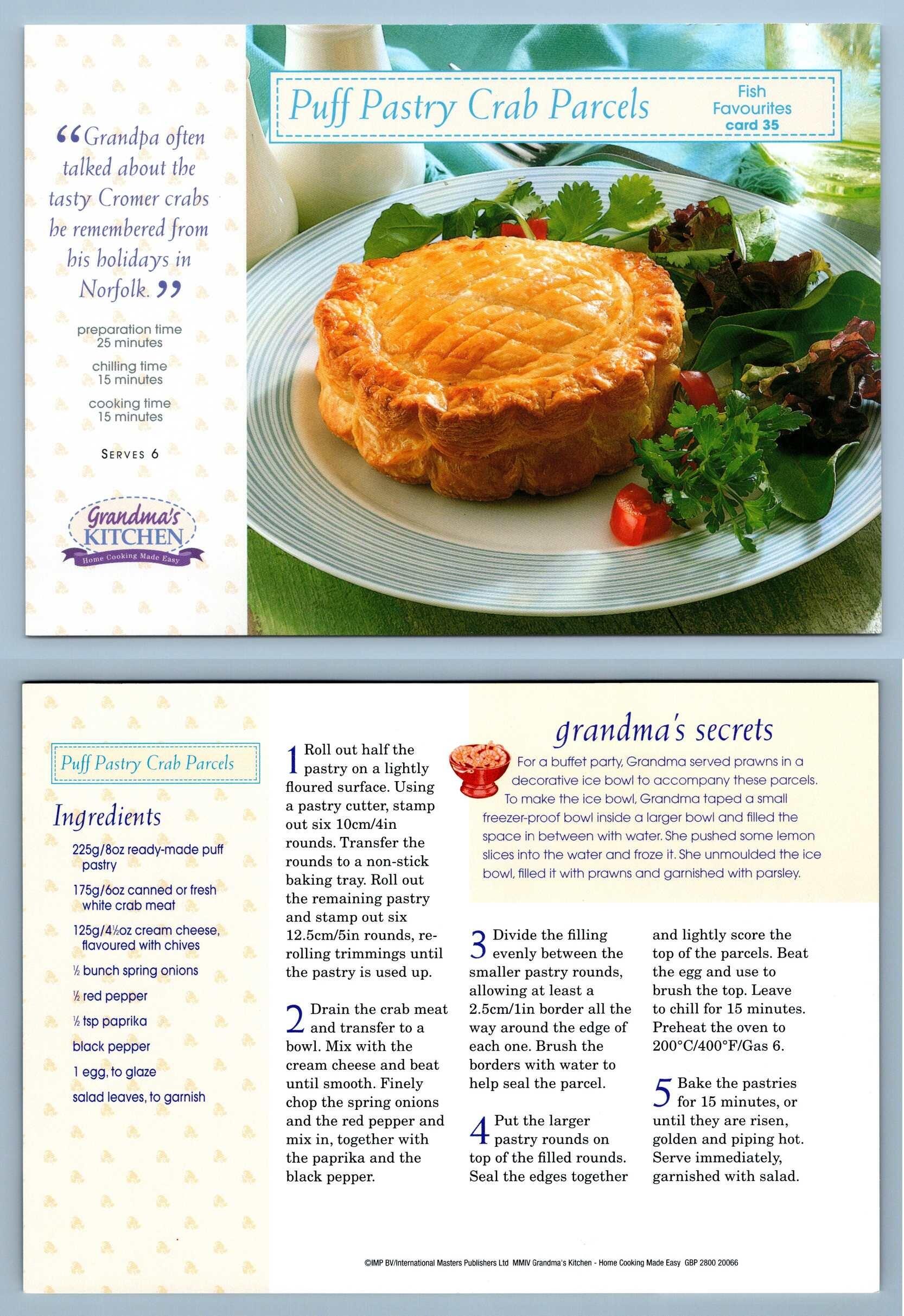 Puff Pastry Crab Parcels #35 Fish - Grandma's Kitchen Recipe Card