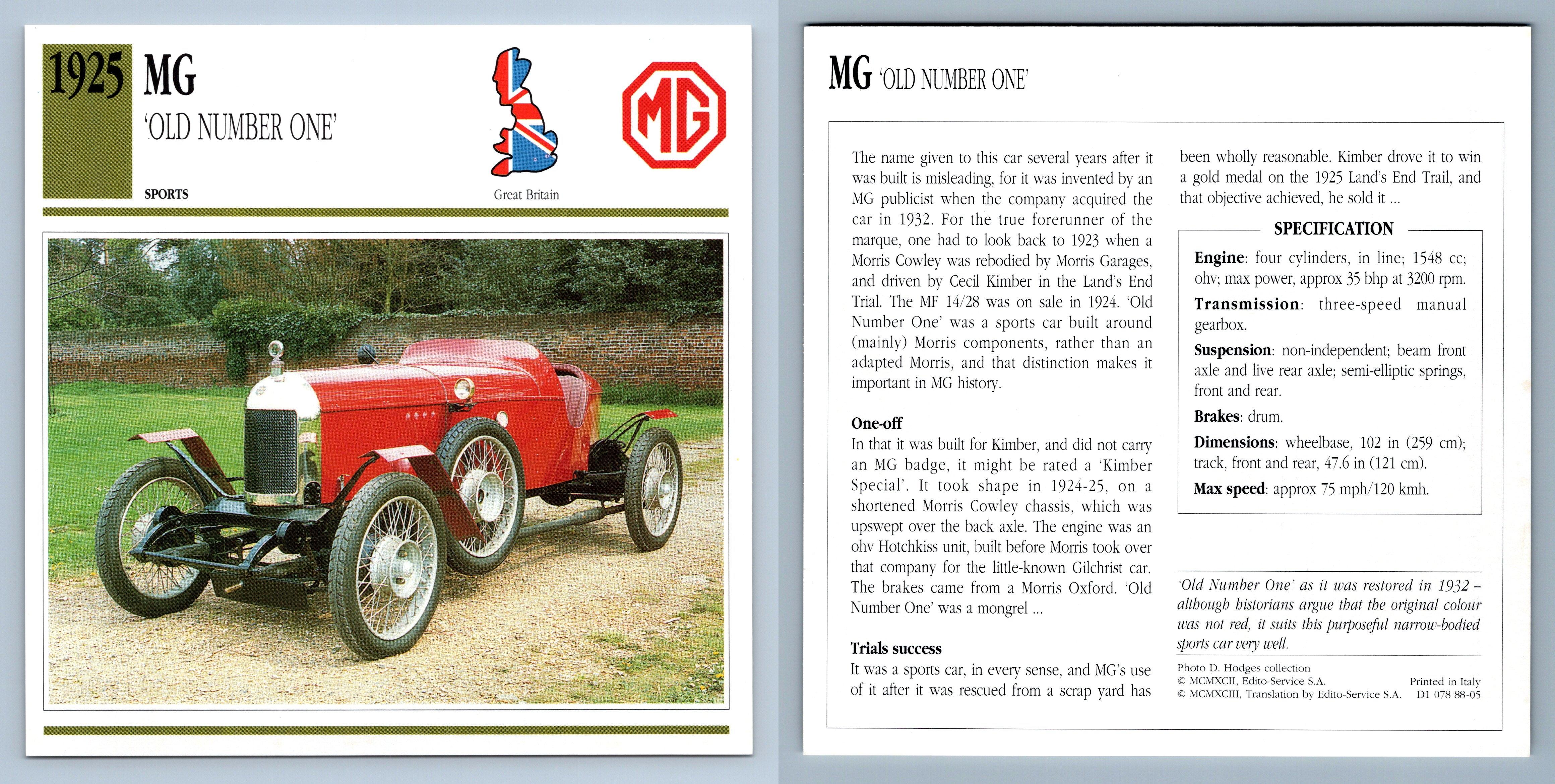MG 'Old Number One' 1925 Sports Collectors Club Card