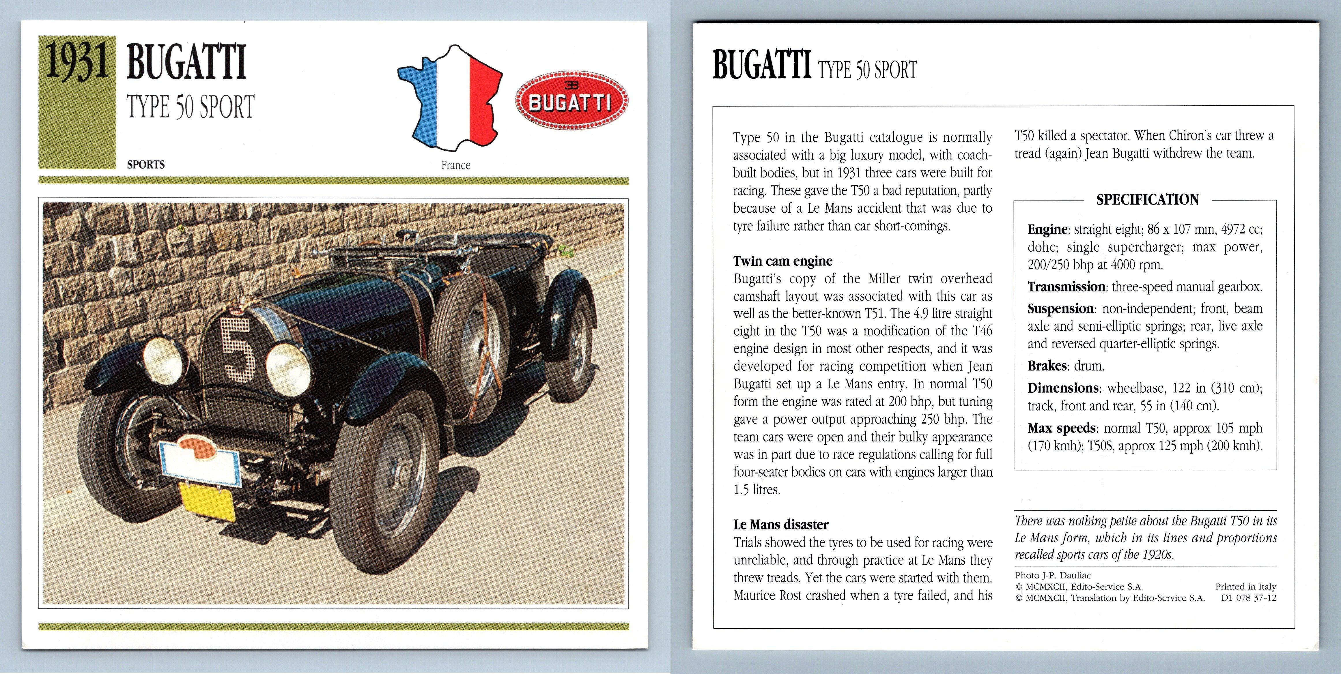 Bugatti Type 50 Sport 1931 Sports Collectors Club Card
