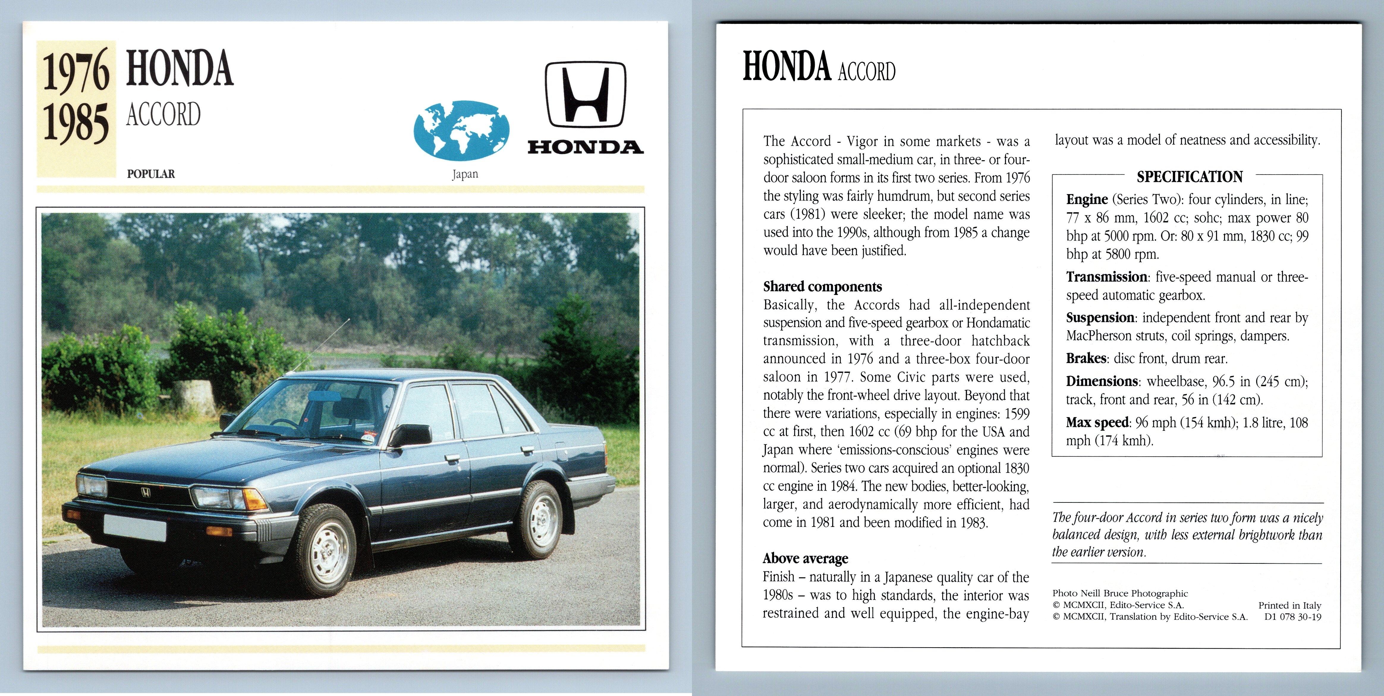 Honda - Accord - 1976-85 Popular Collectors Club Card