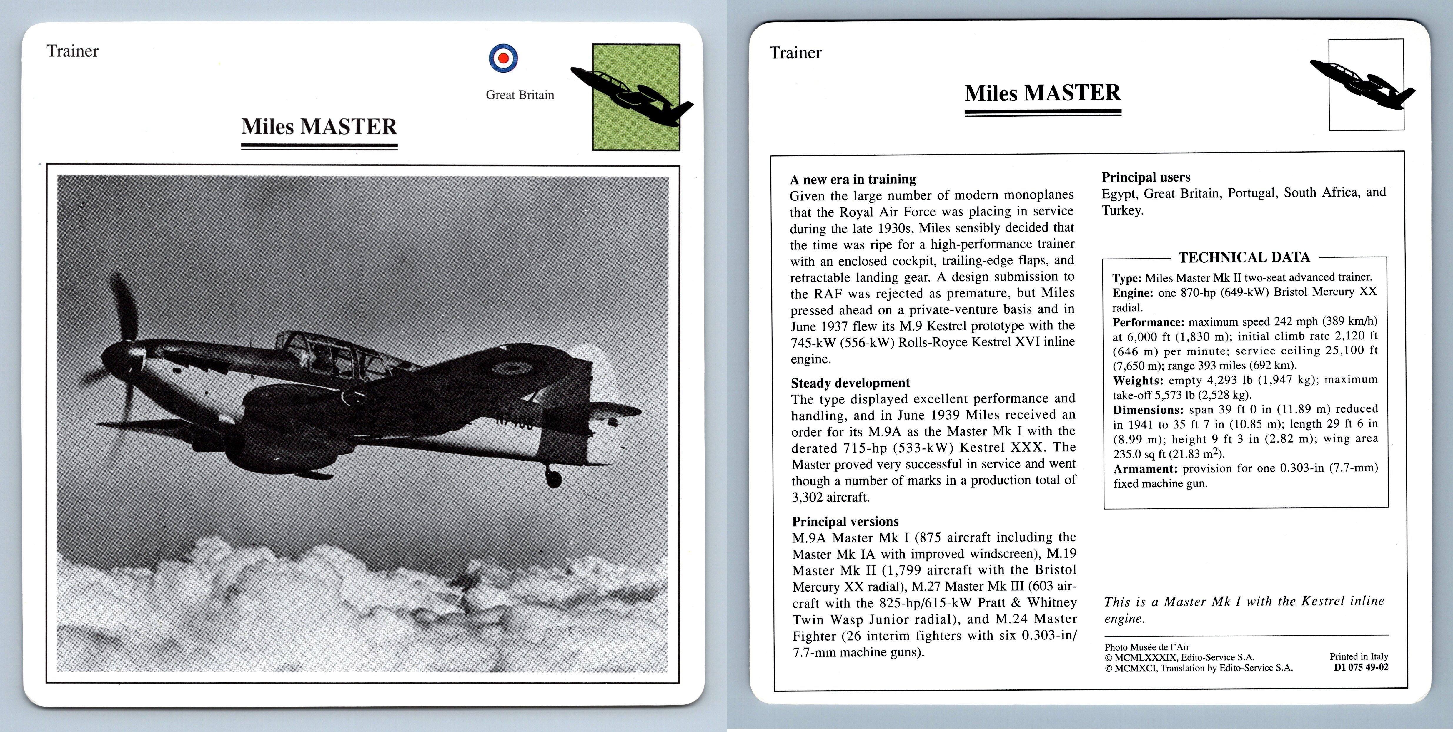 Miles Master - Trainer - Warplanes Collectors Club Card - Picture 1 of 1