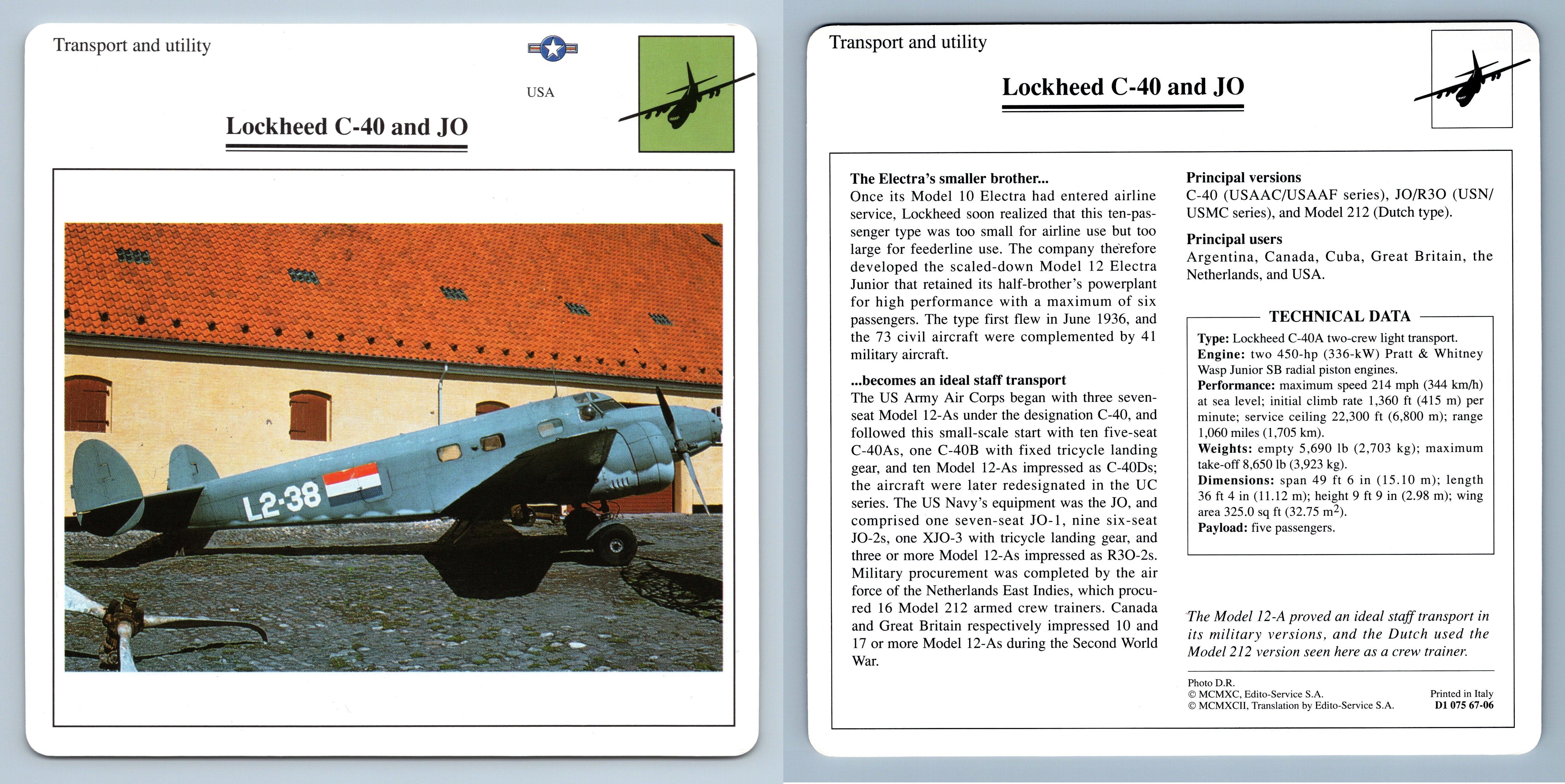 Lockheed C40 & JO Transport Warplanes Collectors Club Card