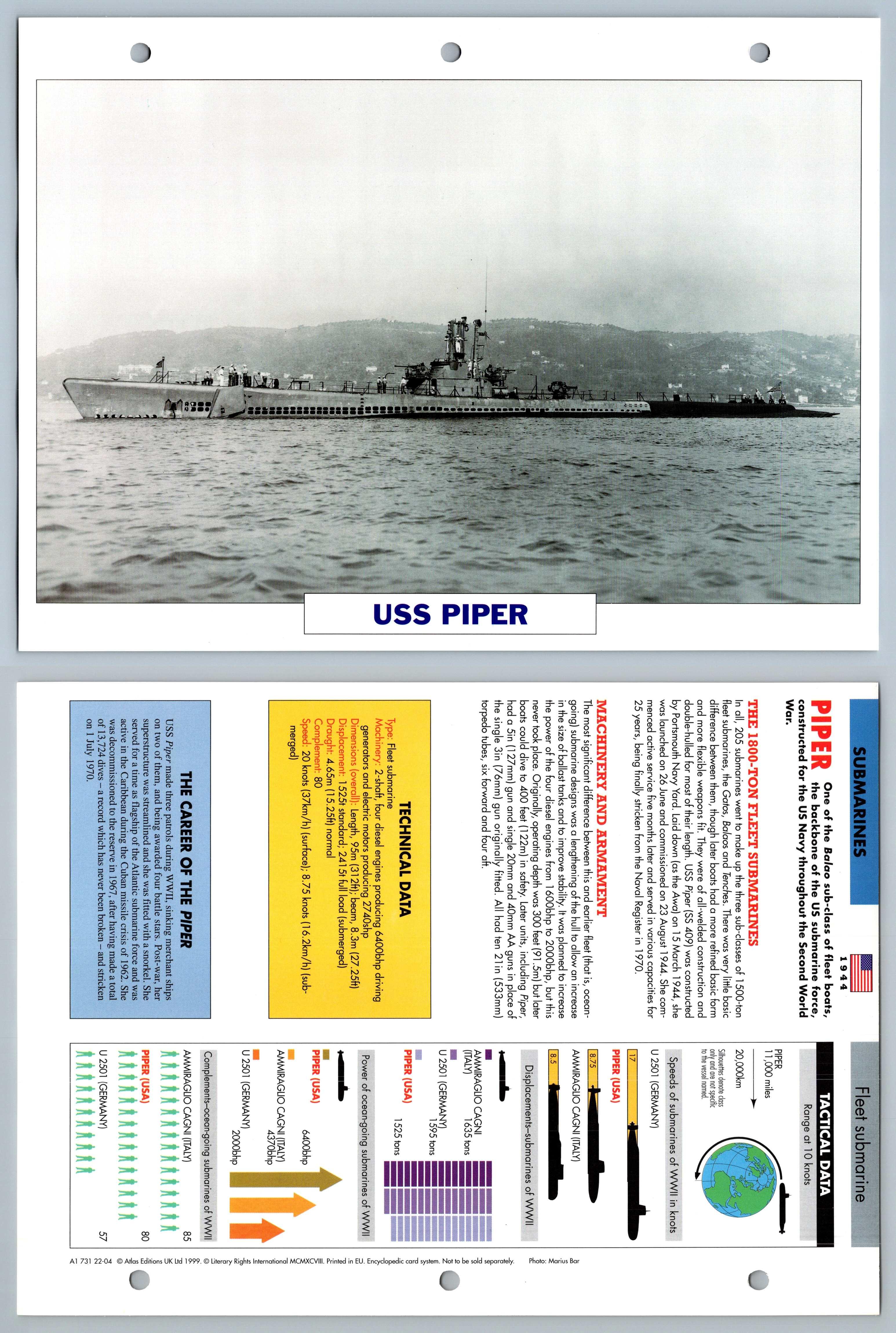 USS Piper - 1944 - Submarines - Atlas Warships Maxi Card