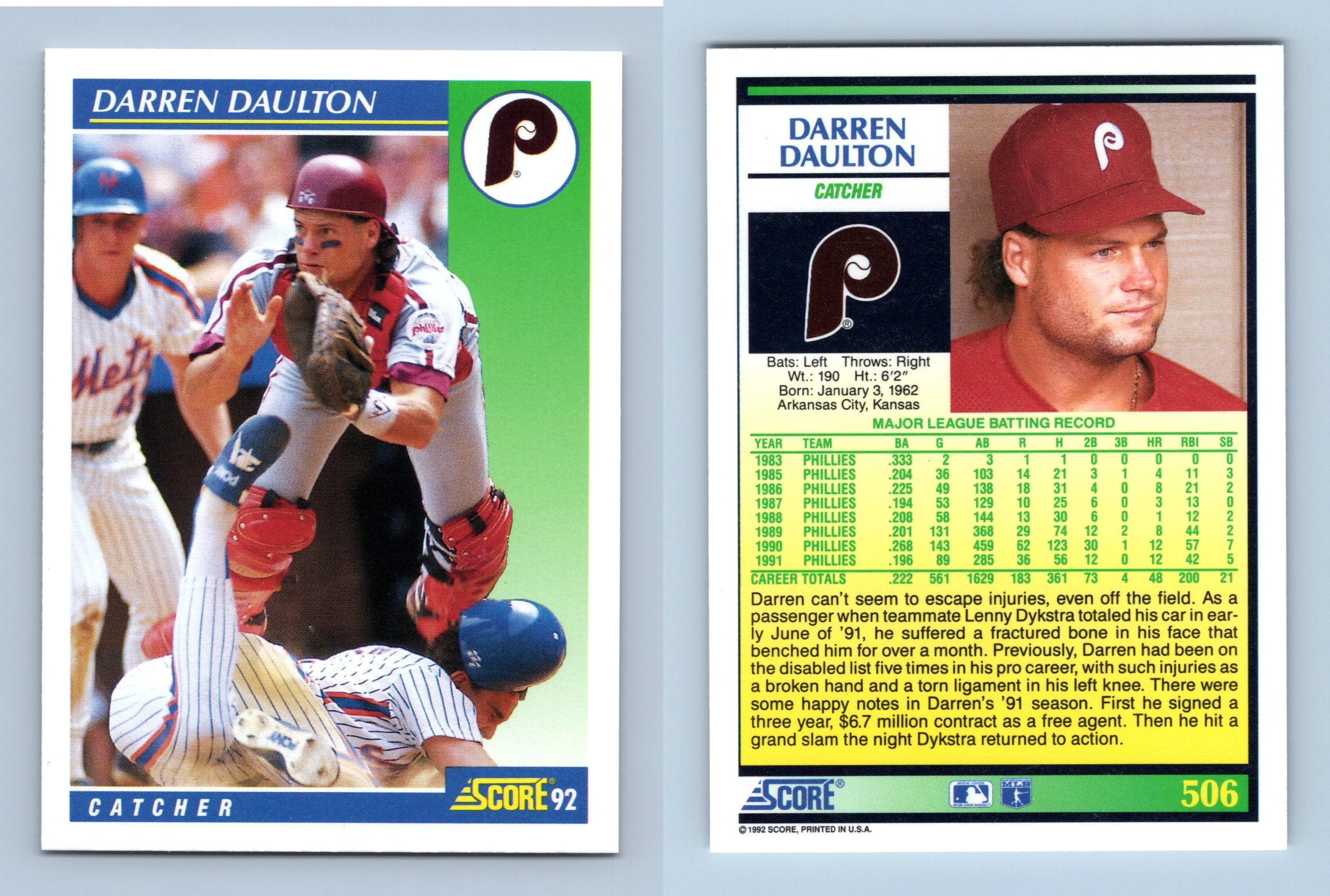 Darren Daulton - Phillies - #506 Score 1992 Baseball Trading Card