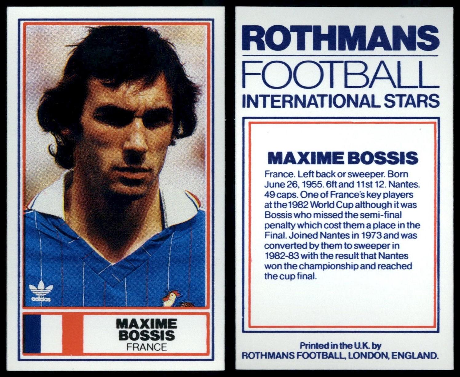 Maxime Bossis Football International Stars 1984 Rothmans Cigarette Card