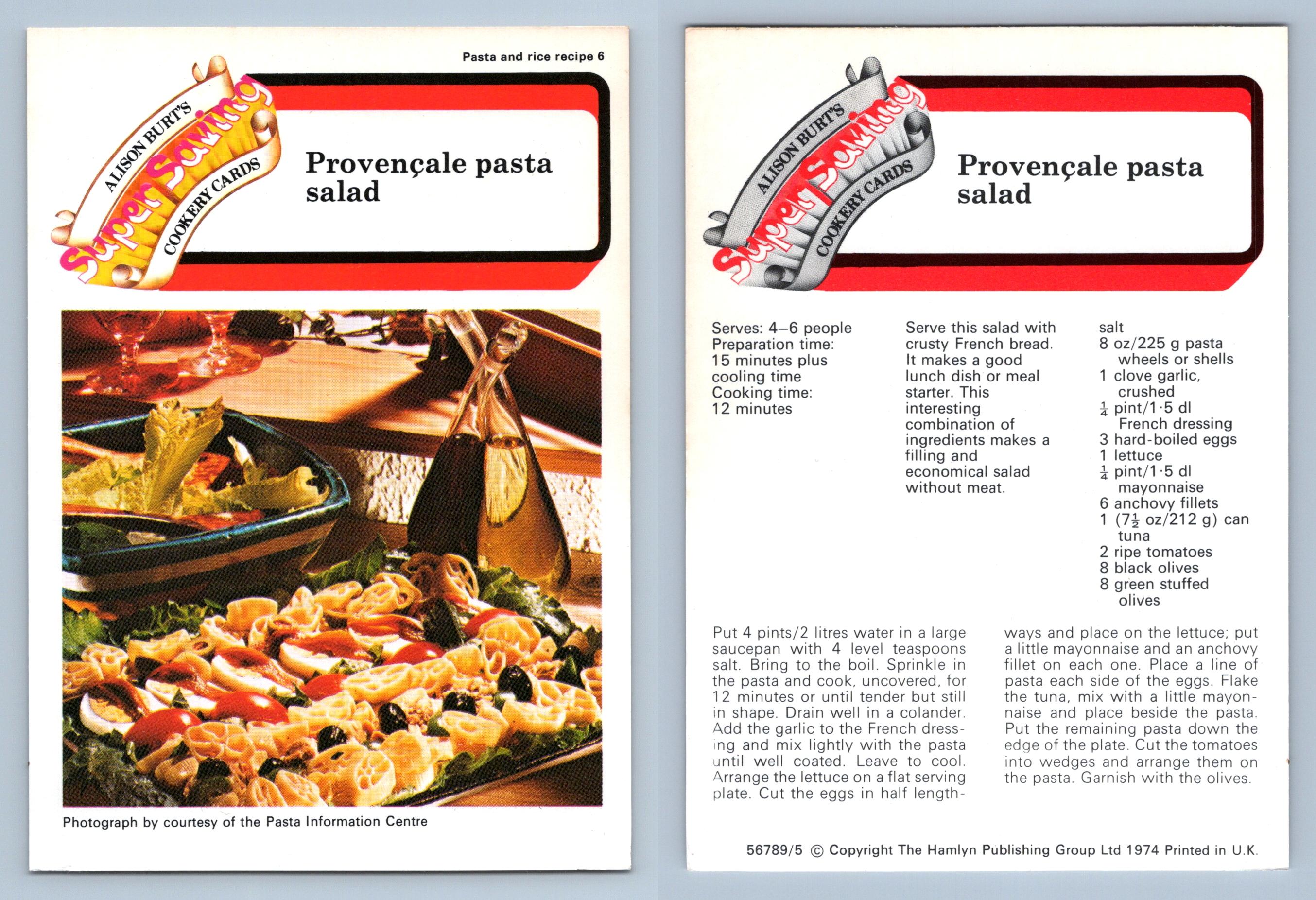 Provencale Pasta Salad #6 Pasta & Rice Alison Burts Super Saving Recipe Card