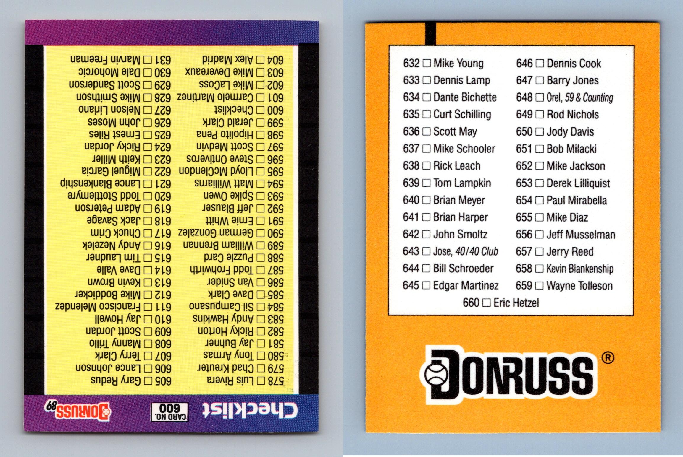 Checklist 600 Donruss 1989 Baseball Trading Card