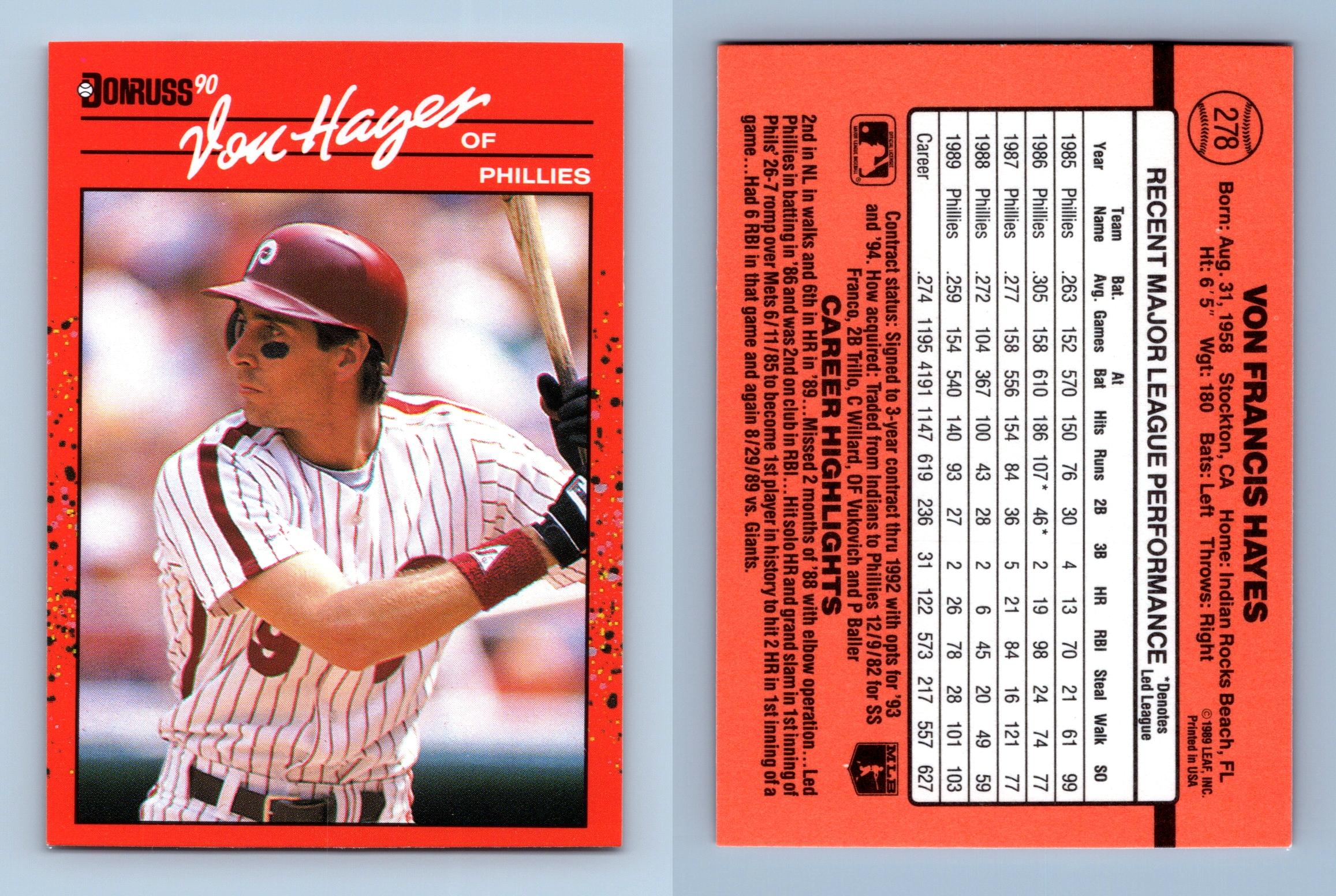 Von Hayes - Phillies #278 Donruss 1990 Baseball Trading Card