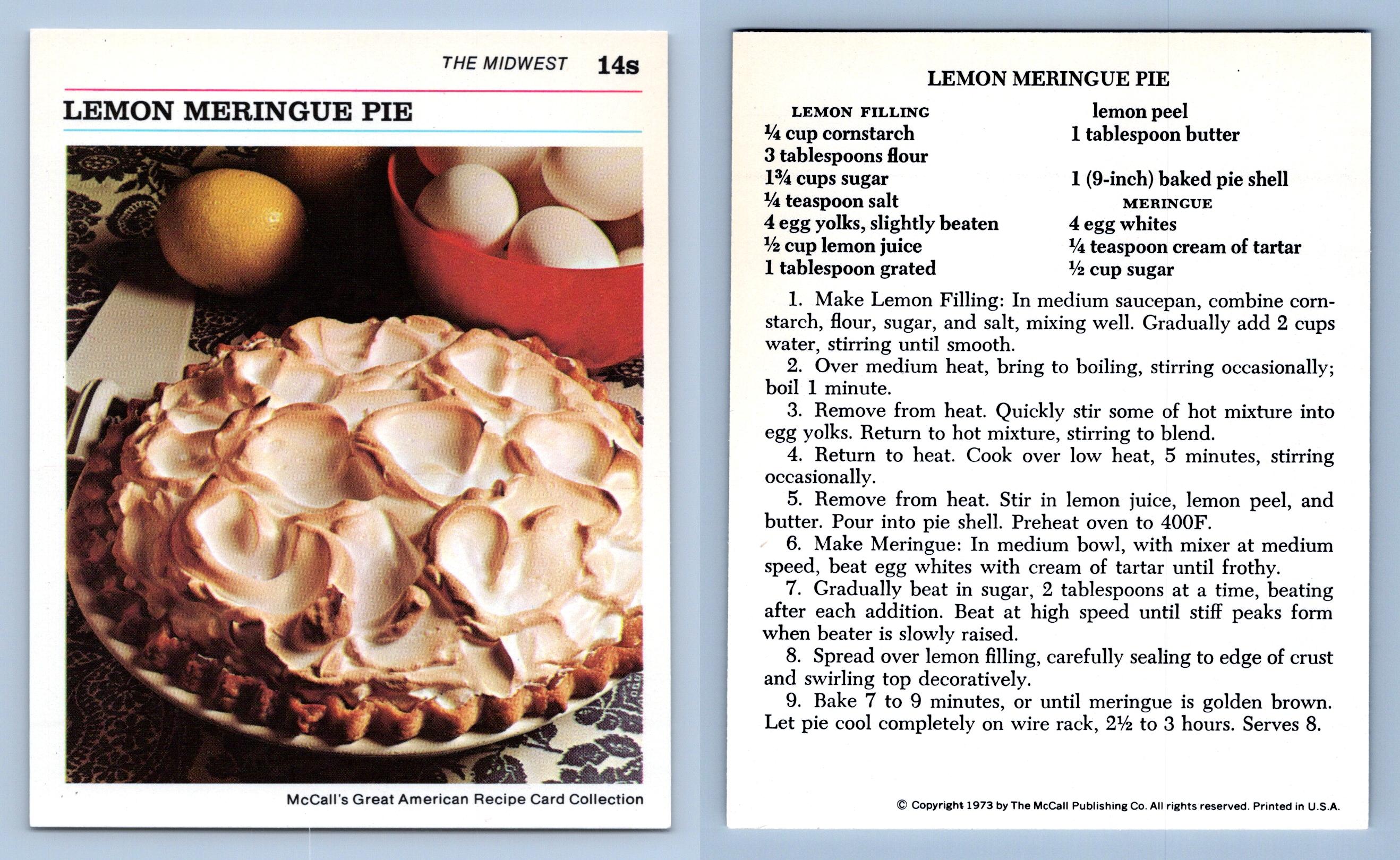 Lemon Meringue Pie #14S Midwest McCall&rsquo;s Great American Recipe Card