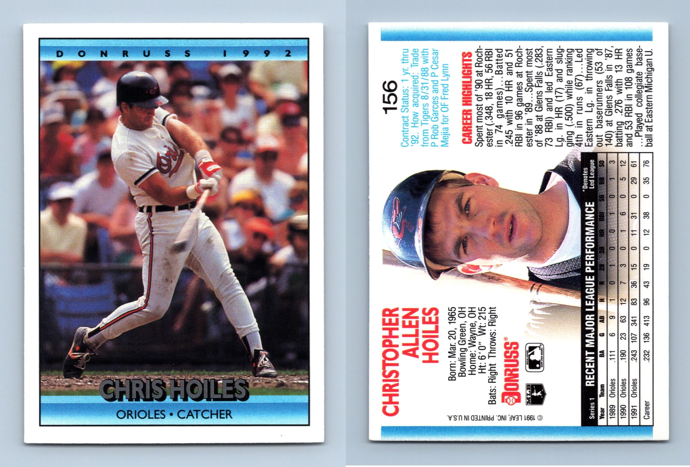 Chris Hoiles - Orioles #156 Donruss 1992 Baseball Trading Card