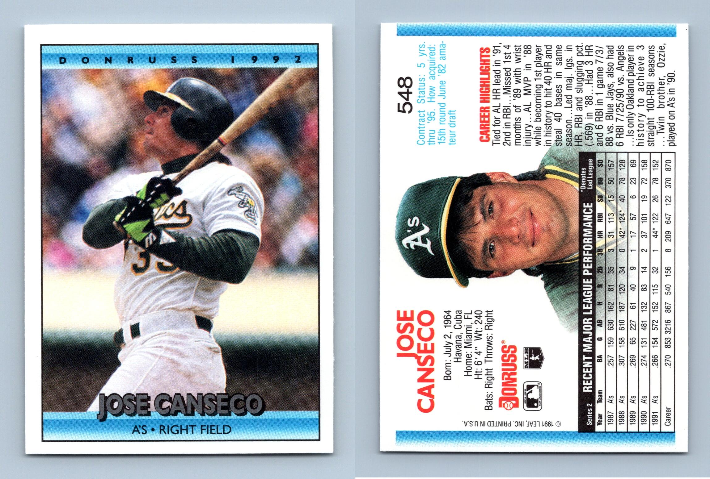Jose Canseco - A's #548 Donruss 1992 Baseball Trading Card