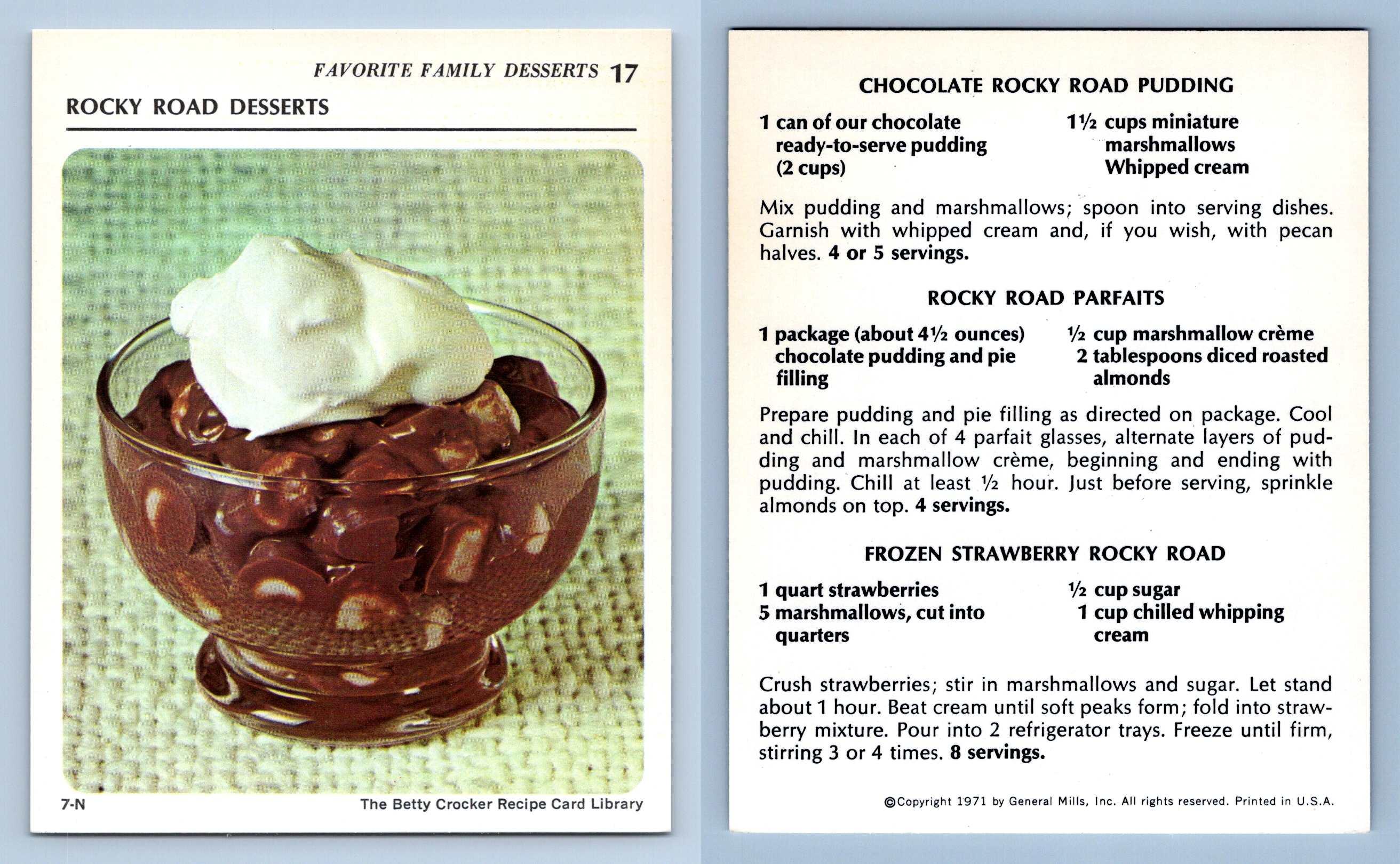 Rocky Road Desserts #17 Desserts - Betty Crocker 1971 Recipe Card