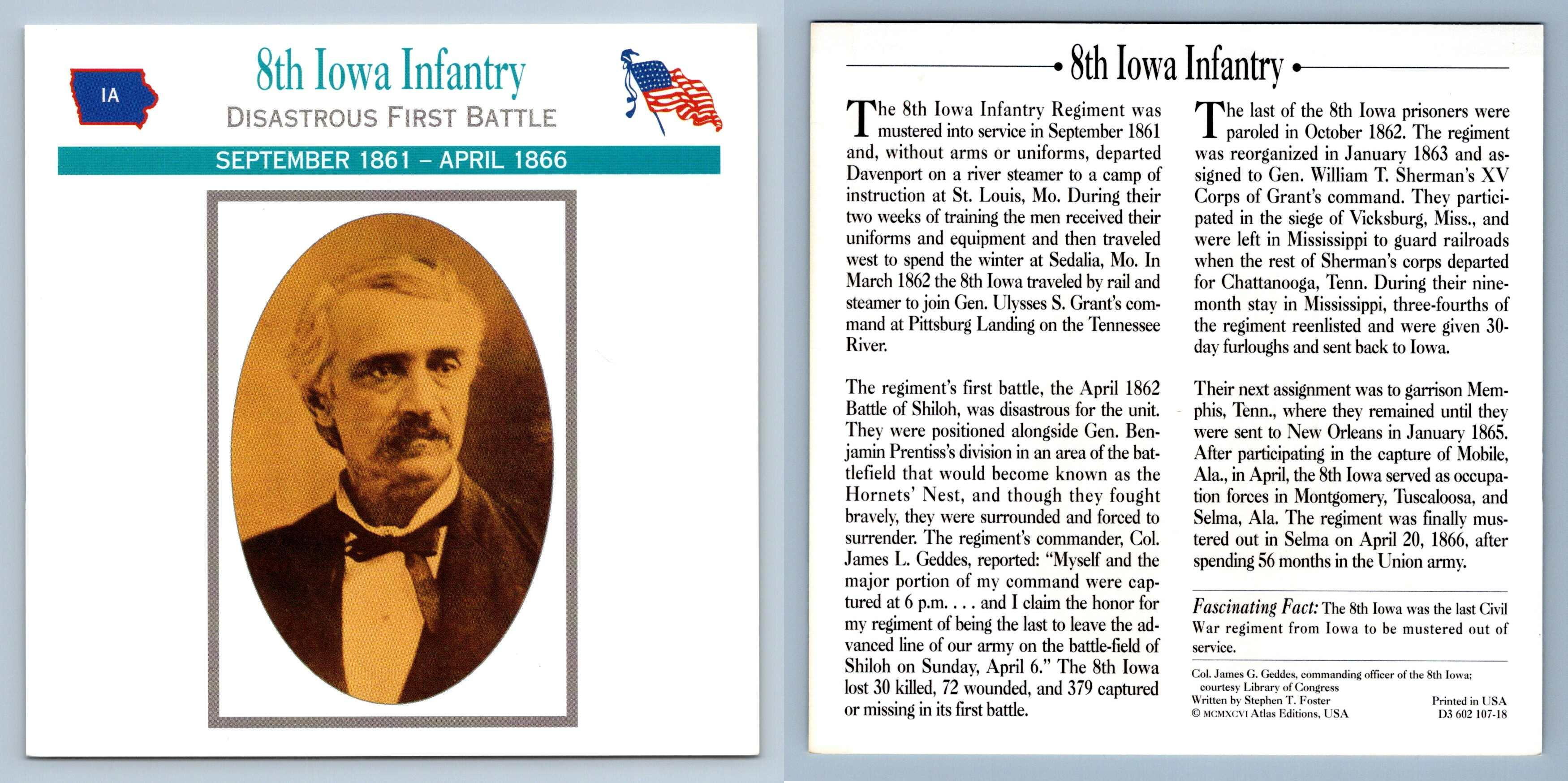 Disastrous First Battle 8th Iowa Infantry Units Atlas Ed. Civil War Card